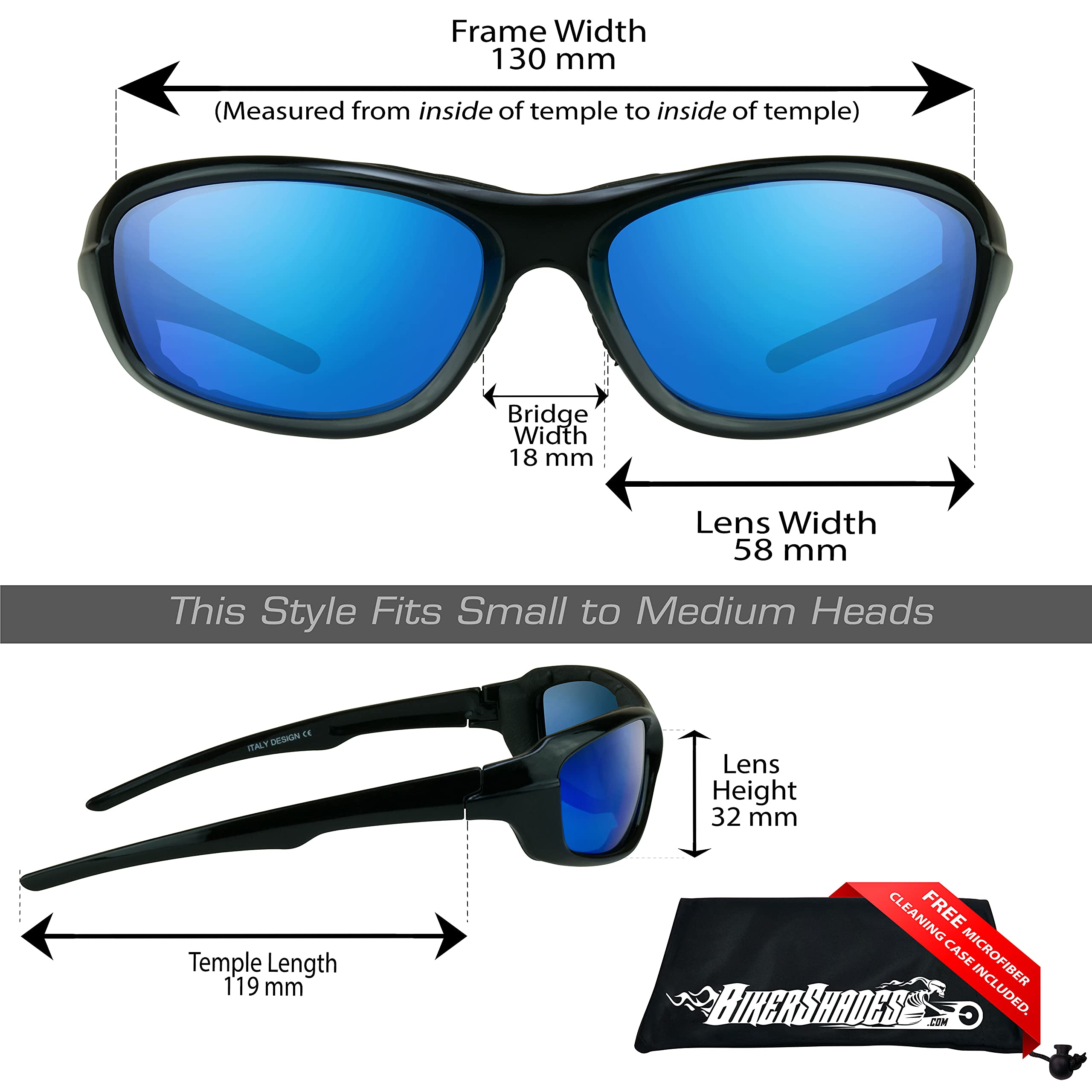 Bikershades Motorcycle Riding Safety Blue Mirror Sunglass Foam Cushioned Men Block 100% UVA and UVB
