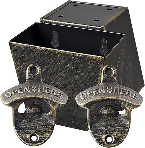 HAIICEN Abridor de botellas de cerveza de bronce antiguo montado en la pared con tapa atrapa aberturas de drenaje al aire libre (paquete de 2)