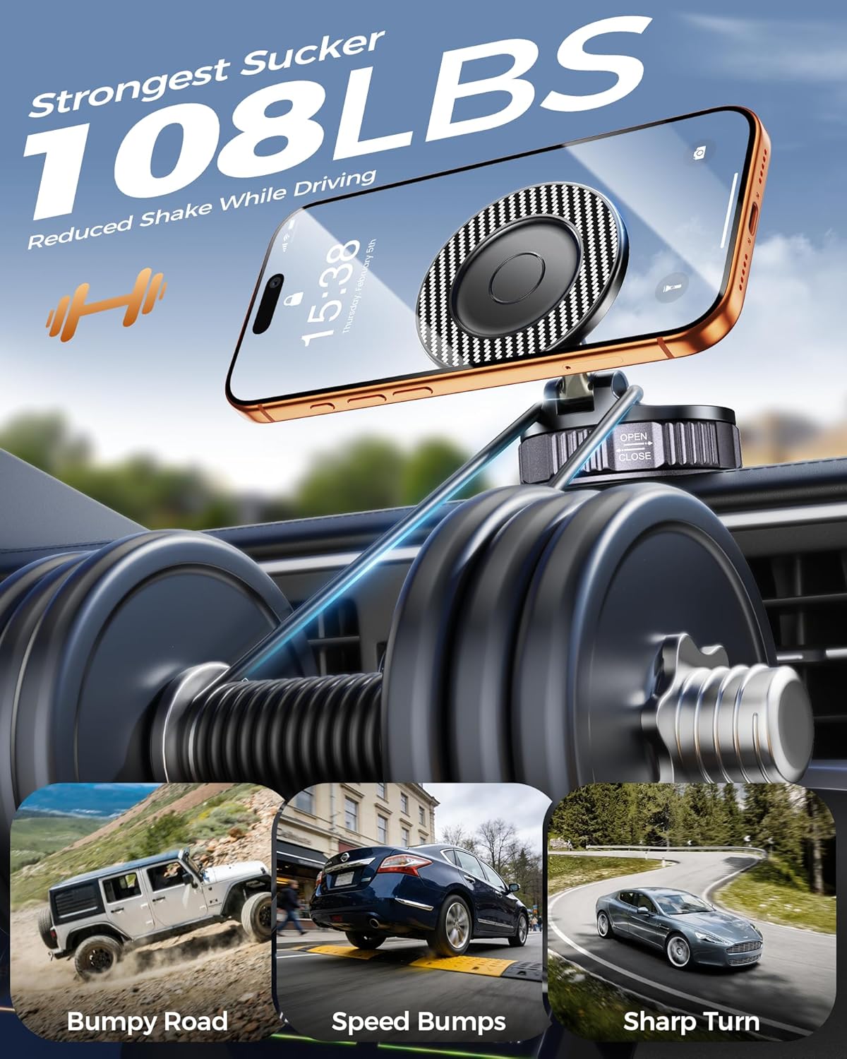 Car Phone Holder for Magsafe – [Carbon Fiber] Phone Mount for Car [Super Strong Magnetic, 360° Adjustable, 108LBS Vacuum Suction] Phone Holders for Your Car, Car Accessories for iPhone 17–12 Series