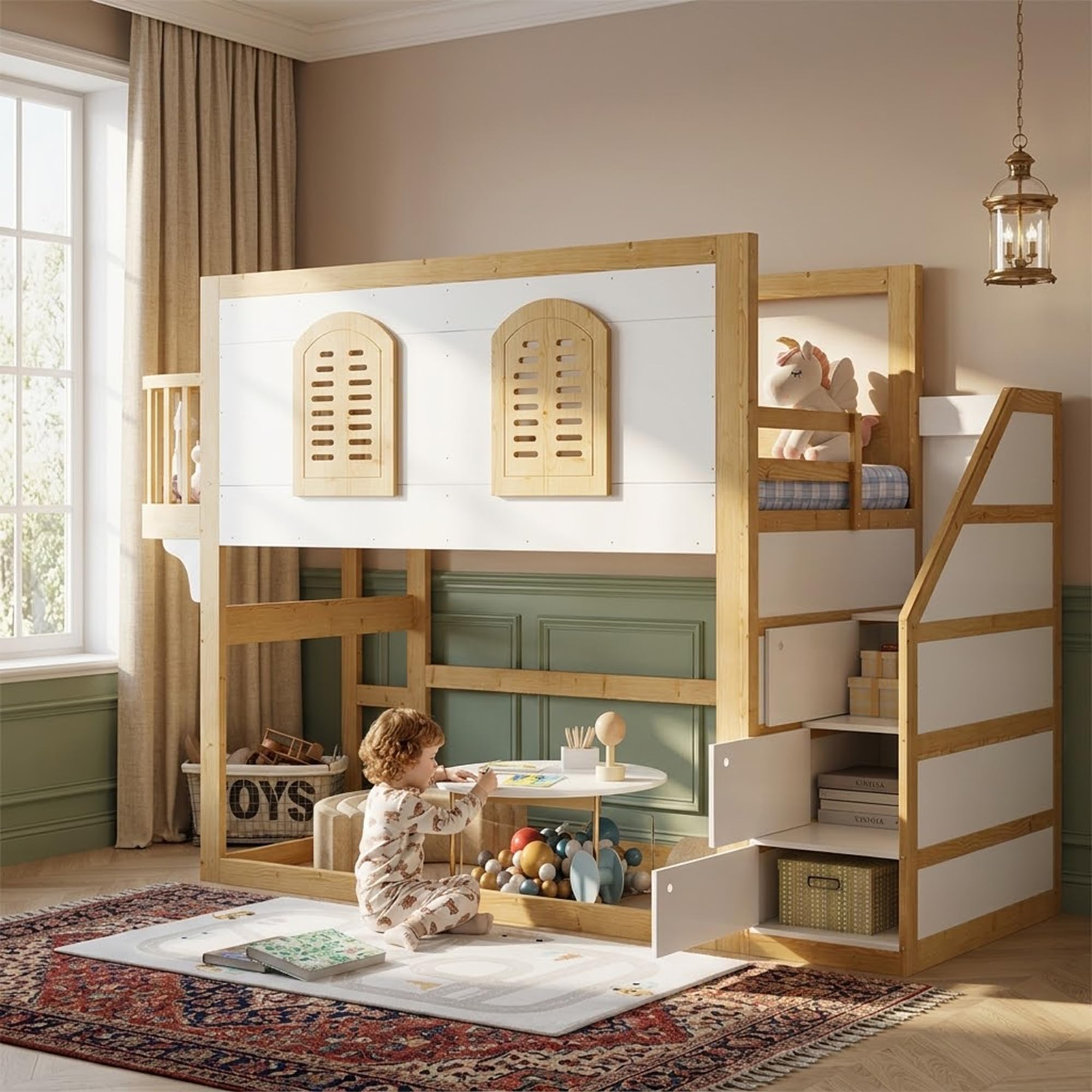 Kinder-Hochbett 90x200 cm, Massivholz Weiß & Natur, Treppenschrank, Spielfläche, Fenster, Sicherheitsgeländer, Lattenrost
