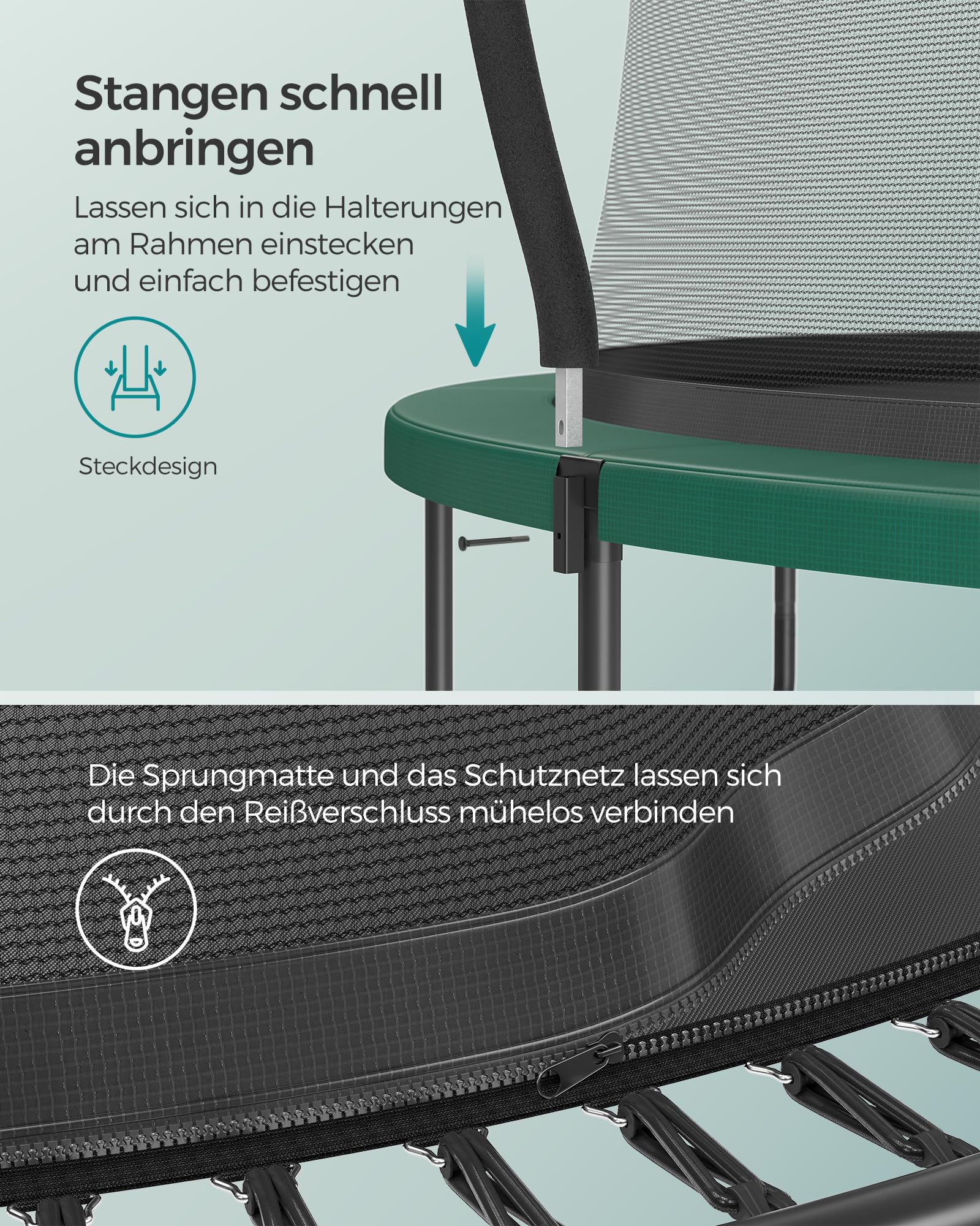 SONGMICS Federloses Trampolin Outdoor Ø 244/305/366 cm, Kindertrampolin Gartentrampolin, elastische Seile, Sicherheitsnetz mit Reißverschluss, Glasfaserstangen, sicher, geräuscharm