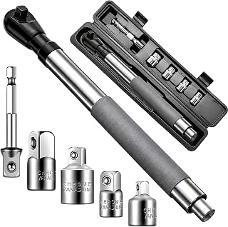 1/2" Offset Extension Wrench Impact Ratchet Extender with 2.8" Drill Adapter, 5 Socket Adapters, High Torque 74 FT-LB Manual & 50 FT-LB Electric Wrench for Tight Space, Automotive Repair, DIY