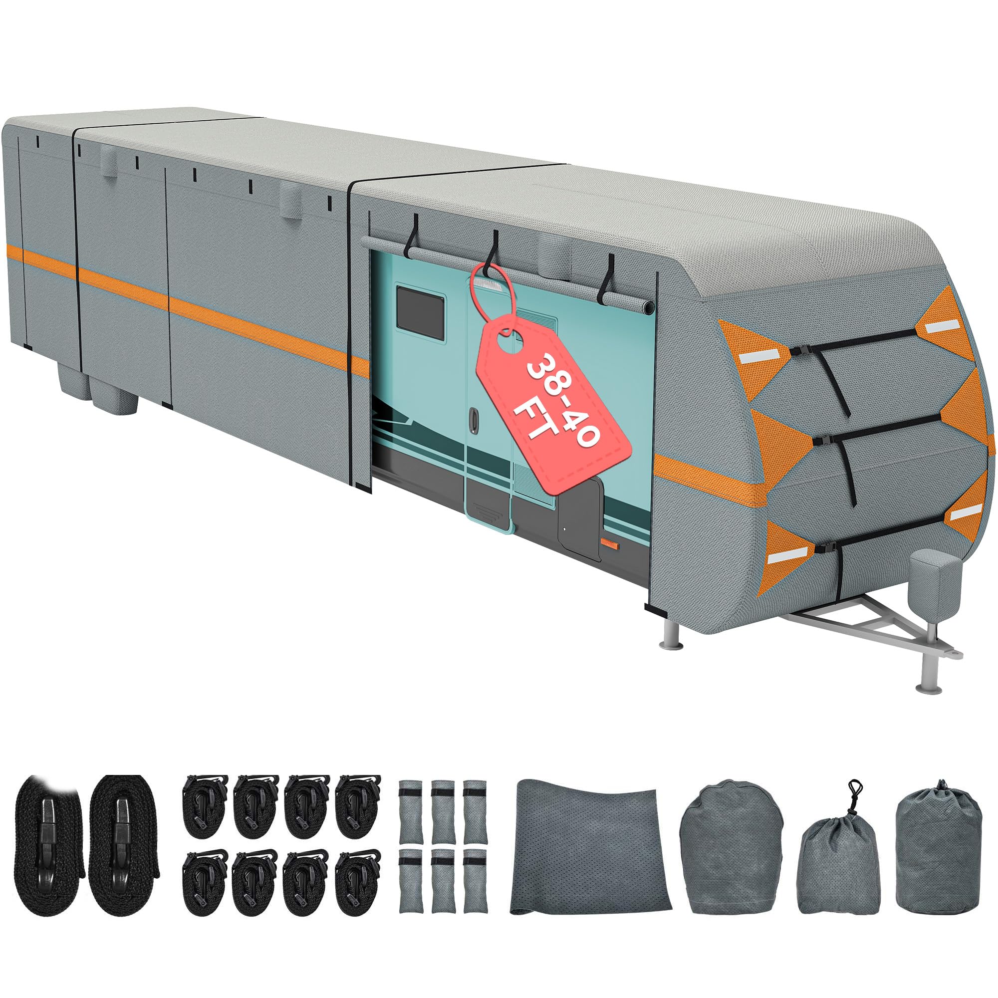 DWVO 38-40FT Travel Trailer Cover RV Cover Camper Cover Super Thick Waterproof Windproof Anti-UV Rip-Stop Motorhome Covers with 2 Long Straps 4 Tire Covers Tongue Jack Cover