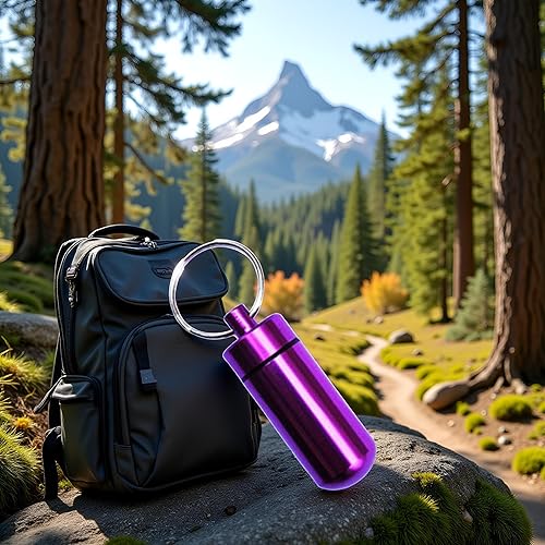 Pastillero de color morado, mini pastillero de metal, caja de medicamentos de emergencia con estuche de llavero de acero inoxidable para viajes al