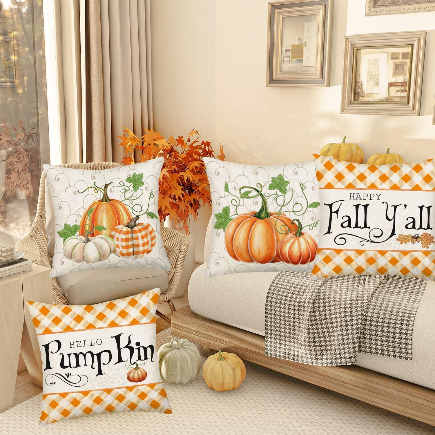Fukeen Hello Pumpkin Happy Fall Y’All Throw Pillow Covers 24x24 Inch Set of 2 Burnt Orange Buffalo Plaid Checkered Autumn Maple Leaf Decorative Pillow Cases Harvest Thanksgiving Day Pillows Covers