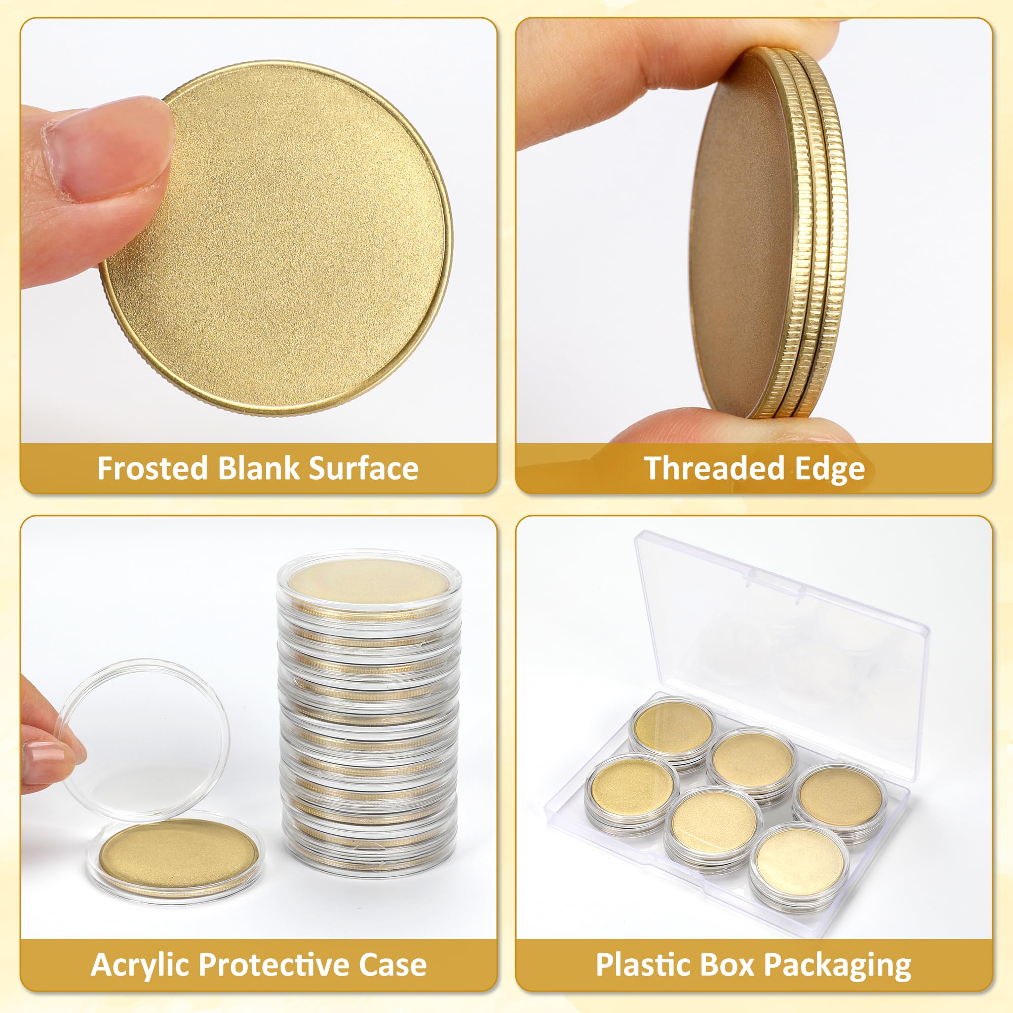 Lot de 6 flans pour pièces en laiton massif - Gravure laser - 40 mm (ép. 3 mm) - Bord fileté - Avec boîtier de protection en acrylique - Pour création DIY, collection ou cadeaux commémoratifs