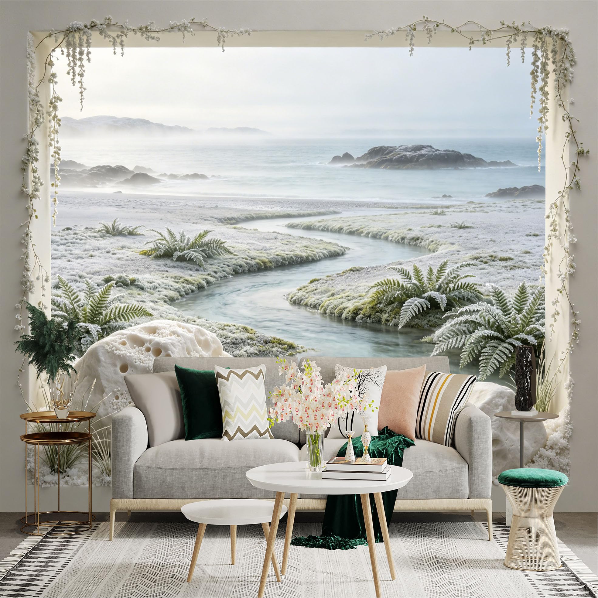 Custom Size Wall Sticker Mural， Coastal Stream with White Rocks， Frosted Ferns and Misty Sea View， for wall Decoration， peelandstick wall Decals.