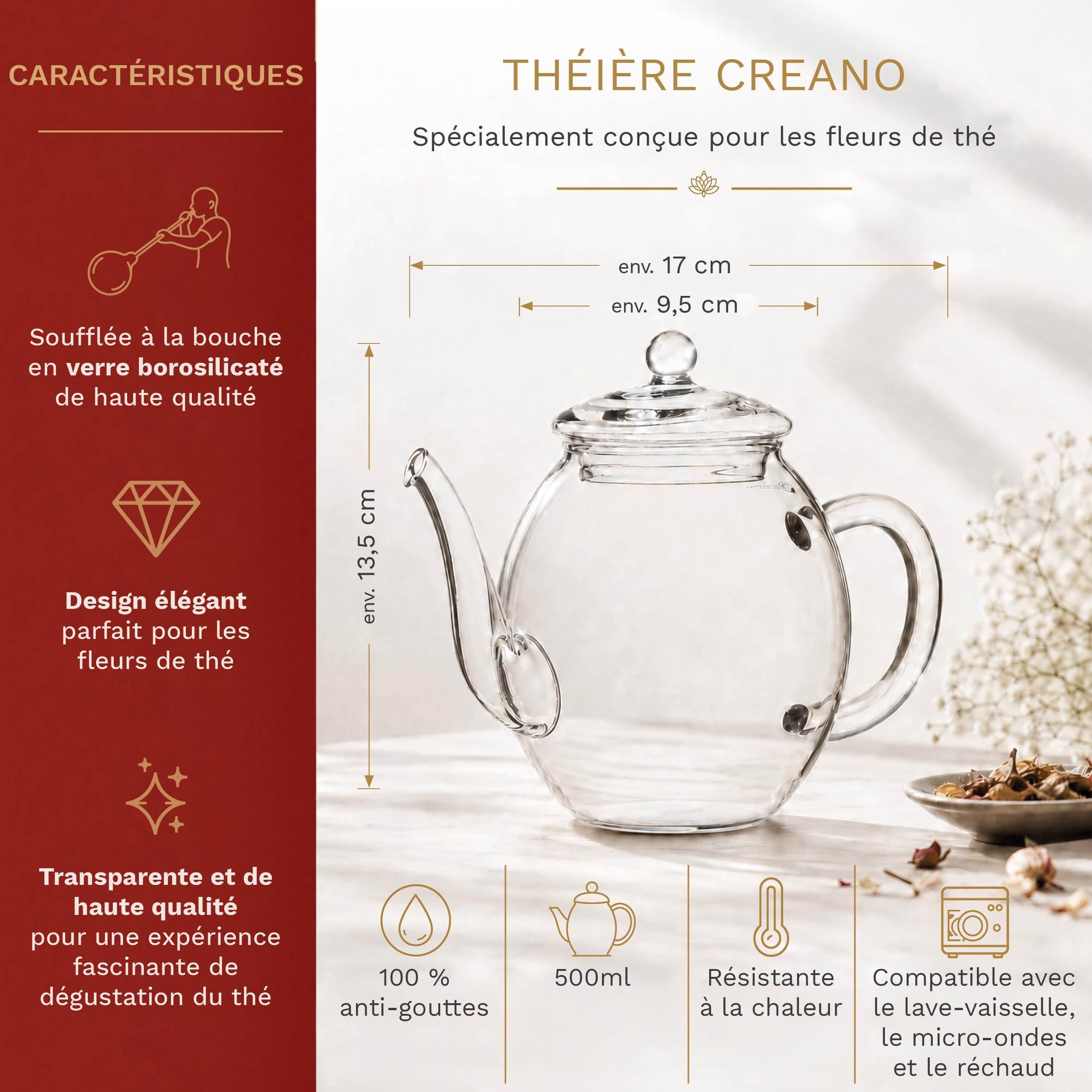Creano Coffret „Thé en Floraison“ 6 thés de fleurs – Théière en verre 500ml sans goutte – 6 variétés de thé blanc – Idée cadeau exceptionnelle – Verre borosilicate