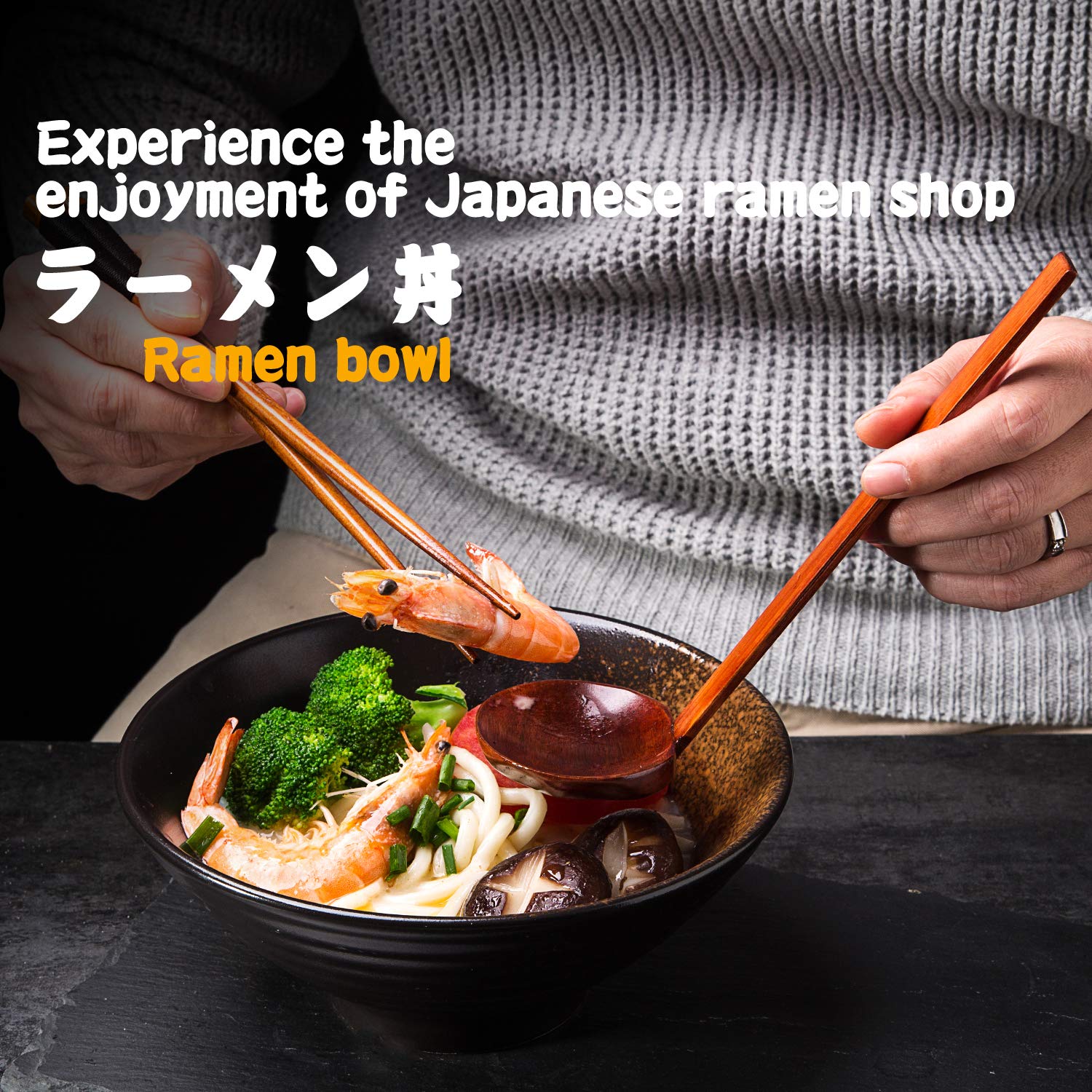 Genérico Juego de 6 tazones Grandes de Porcelana para Sopa Ramen de 2,700 ml con cucharas y Palillos, para Udon, Pasta, pho, soba, Cereales y ensaladas.