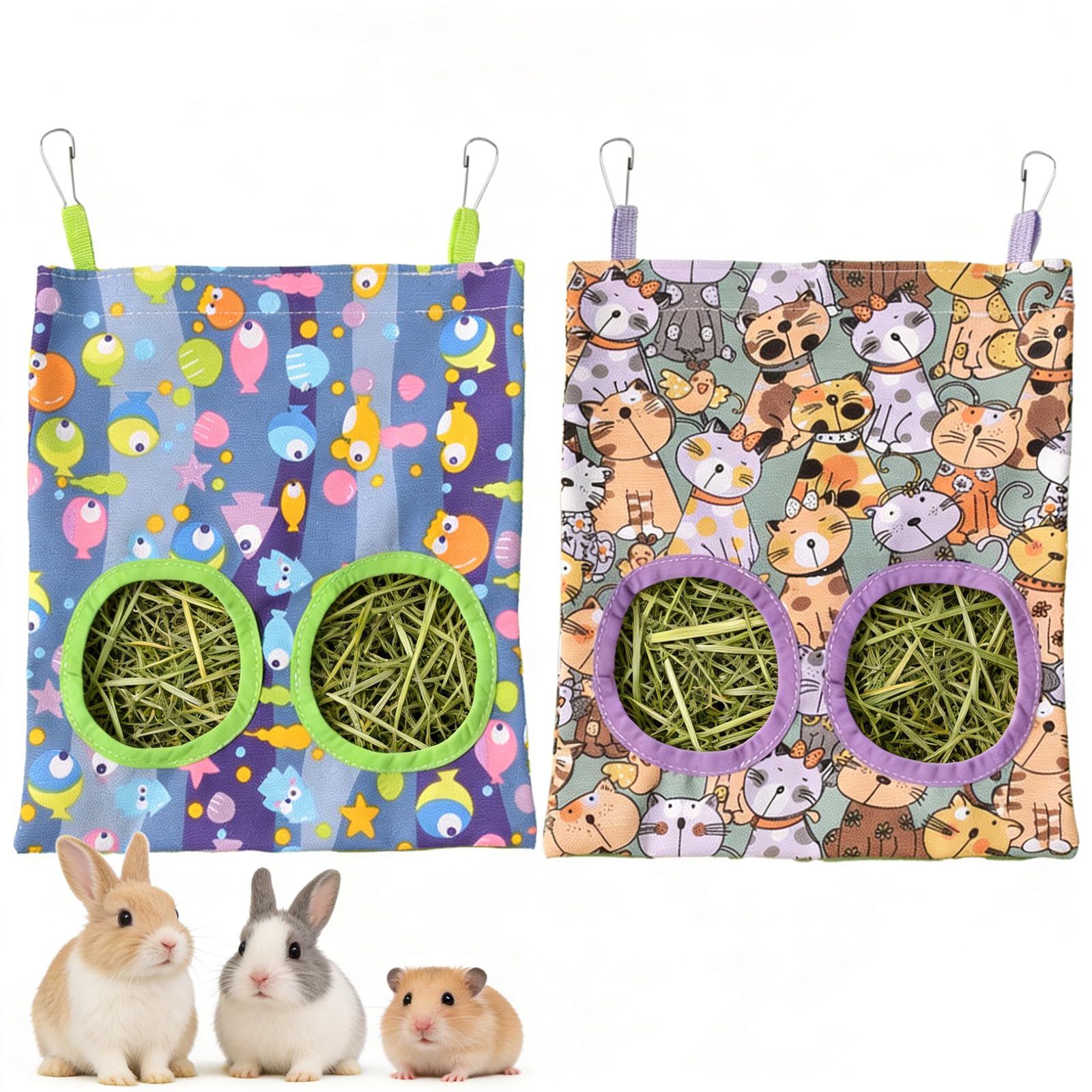 2 Pcs Sac à Foin pour Lapin,Distributeur de Foin,Sac de Foin Automatique,pour Cochon d'Inde,Chinchilla,Lapin,Hamster et Autres Petits Animaux