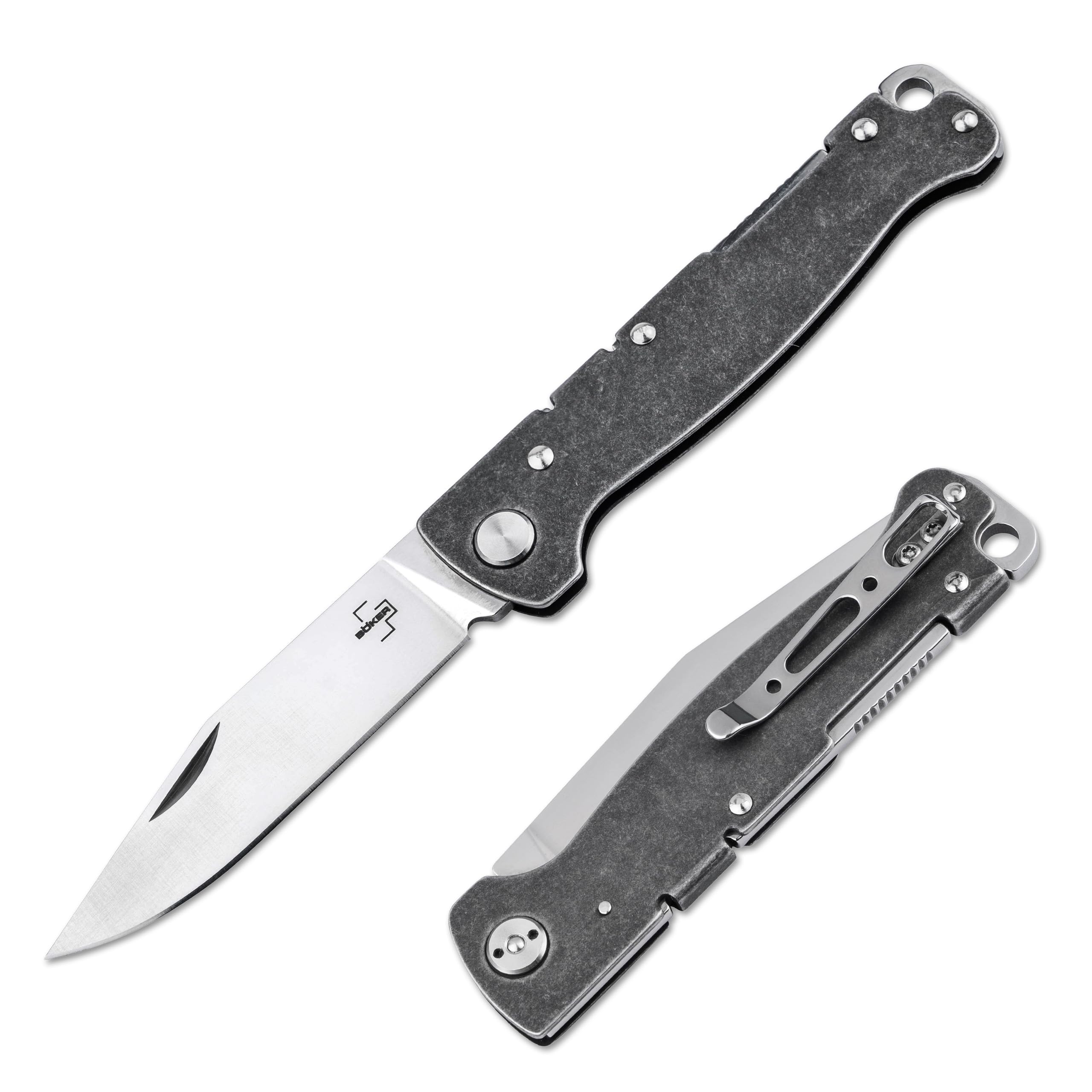 Böker Plus Atlas Backlock Clippoint Taschenmesser - Vollmetall Klappmesser mit 7,4 cm D2 Klinge, Edelstahlgriff EDC