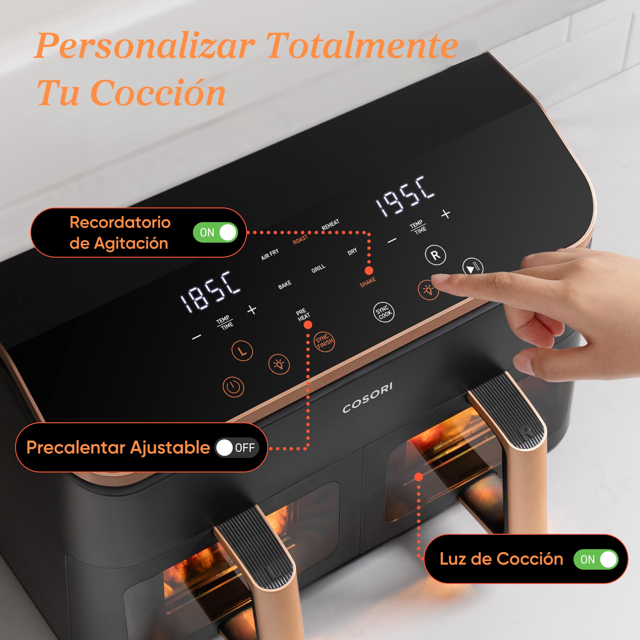 Cosori Freidora de Aire 8,5L, Doble Cesta con Ventana, 10 Funciones, Oro | Ventana para Ver Fácilmente, Interior Metálico Más Seguro, 2 Platos a la Vez, Alta Potencia y 55% de Eficiencia, Bajo Ruido