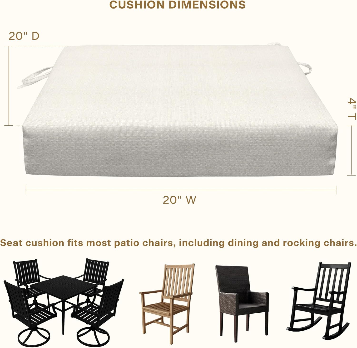 Honeycomb Outdoor Set of 2 Seat Pads, 20 x 20, Textured Solid Bone Dining Chair Cushions for Patio Furniture