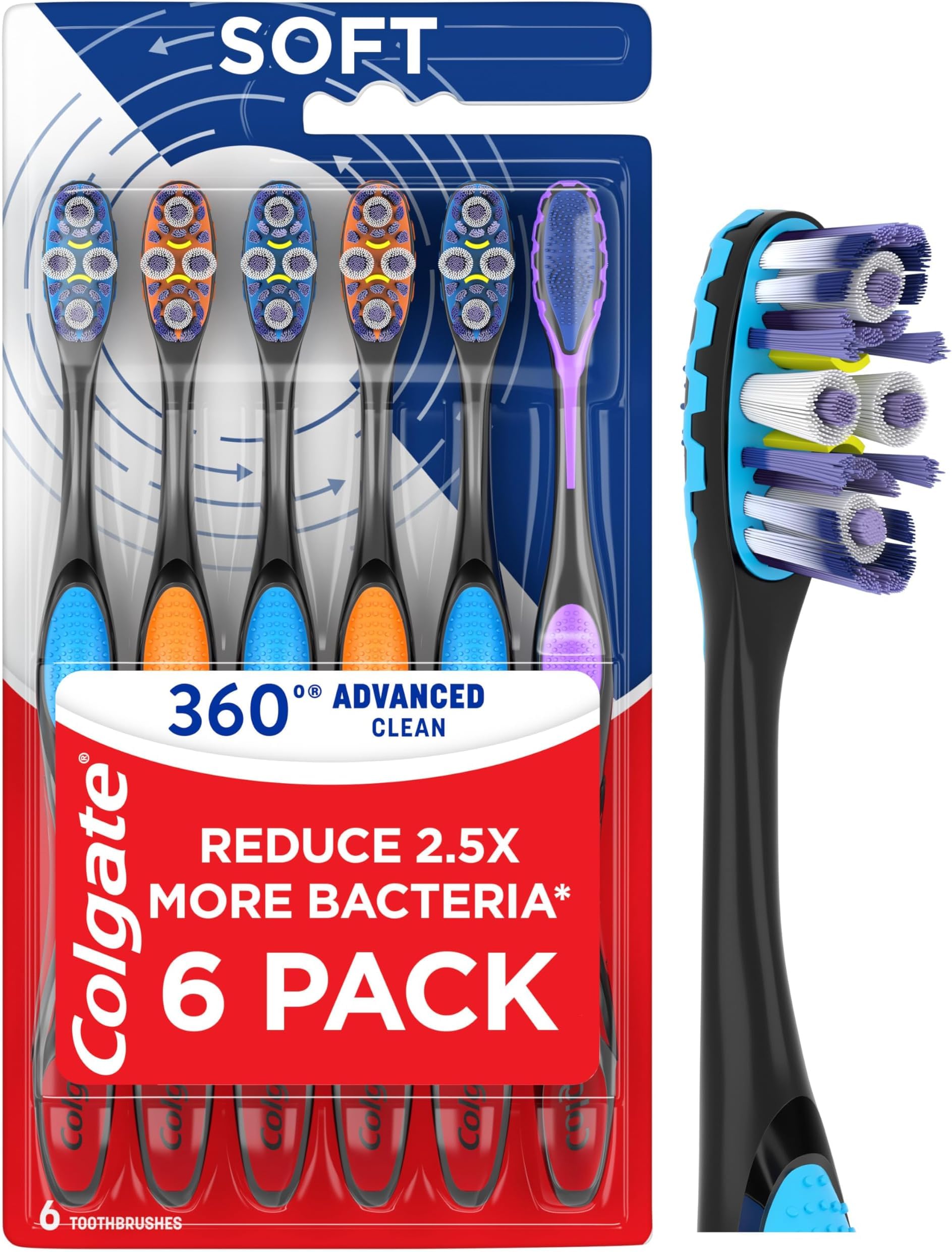 Colgate 360 Advanced Clean Adult Soft Toothbrush Pack, 6 Soft Bristled Toothbrushes with Cheek and Tongue Cleaner, Helps Clean Your Teeth, Tongue, Cheeks, and Gums, 6 Count (Pack of 12)