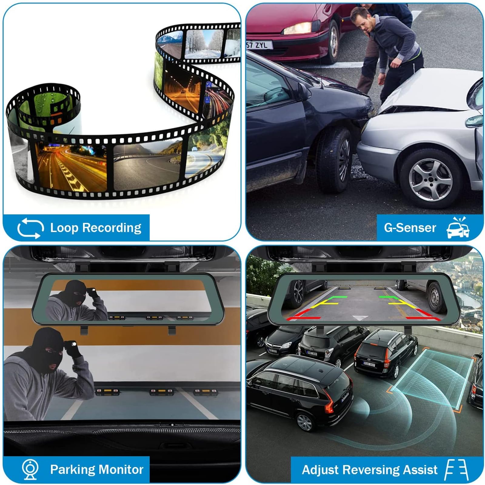 Registratore Di Guida Da 10 Pollici Telecamera Per Specchietto Retrovisore Touch Screen Visione Notturna Dash Cam Accessori DVR Per Auto 1080P, Registrazione in Loop, Sensore G, Visione Notturna