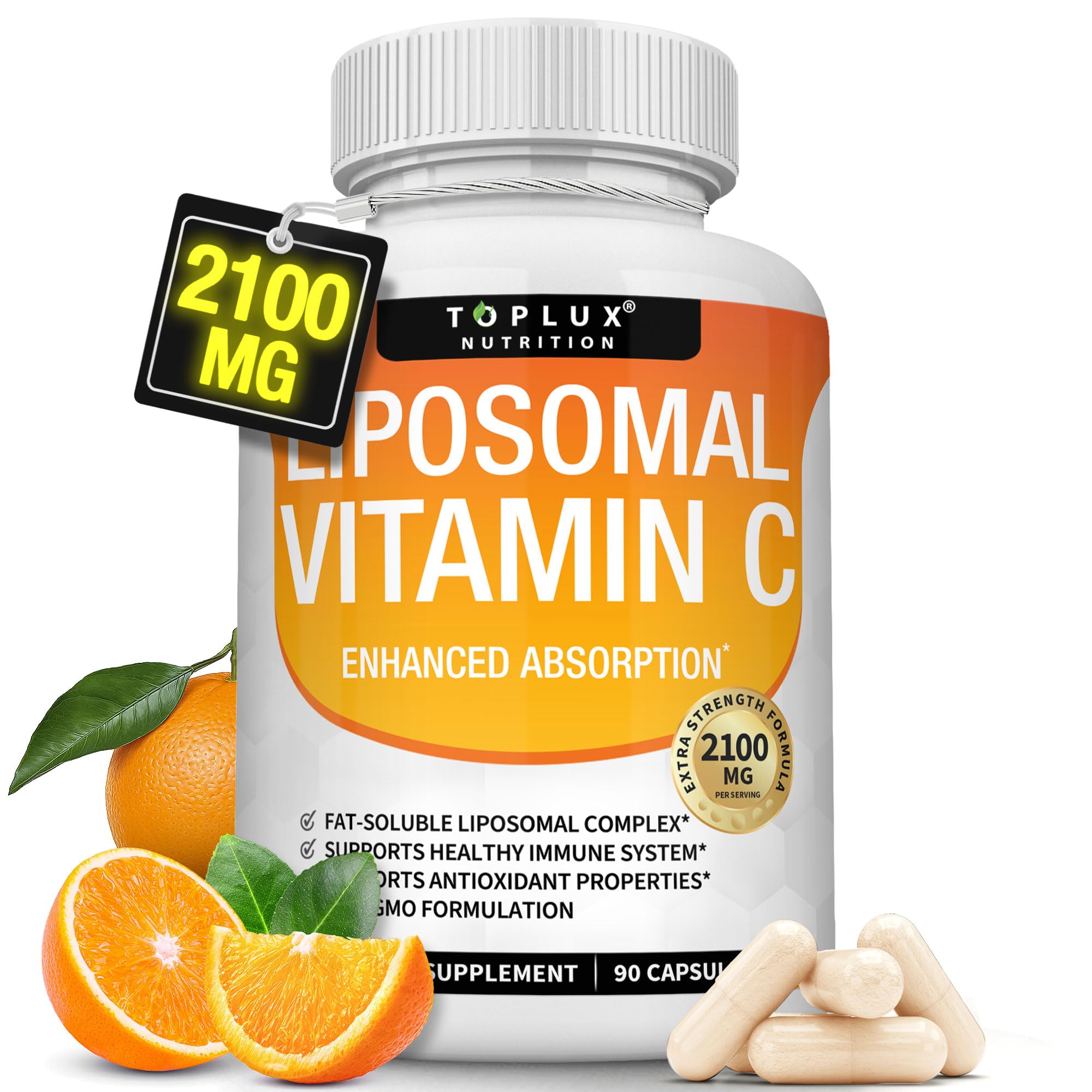 Liposomal Vitamin C 2100mg High Absorption Fat Soluble VIT C - Immune Support Collagen Booster Immunity Defense & Powerful Antioxidant, MCT Oil & Sunflower Lecithin, Acsorbic Acid, Vegan Non-GMO