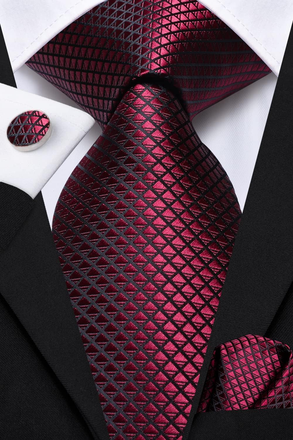 Hi-Tie Mens Plaid Ties Classic Paisley Necktie with Handkerchief Cufflinks Set Business Stripe Tie - Image 4