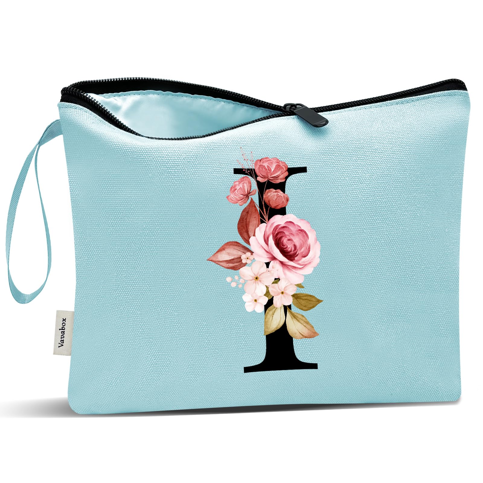 Vavabox A-Z Personalized Makeup Bag, Birthday Gifts for Women Mom, Gifts for Best Friend, Bride Bridesmaid Cosmetic bag (I, Aqua)