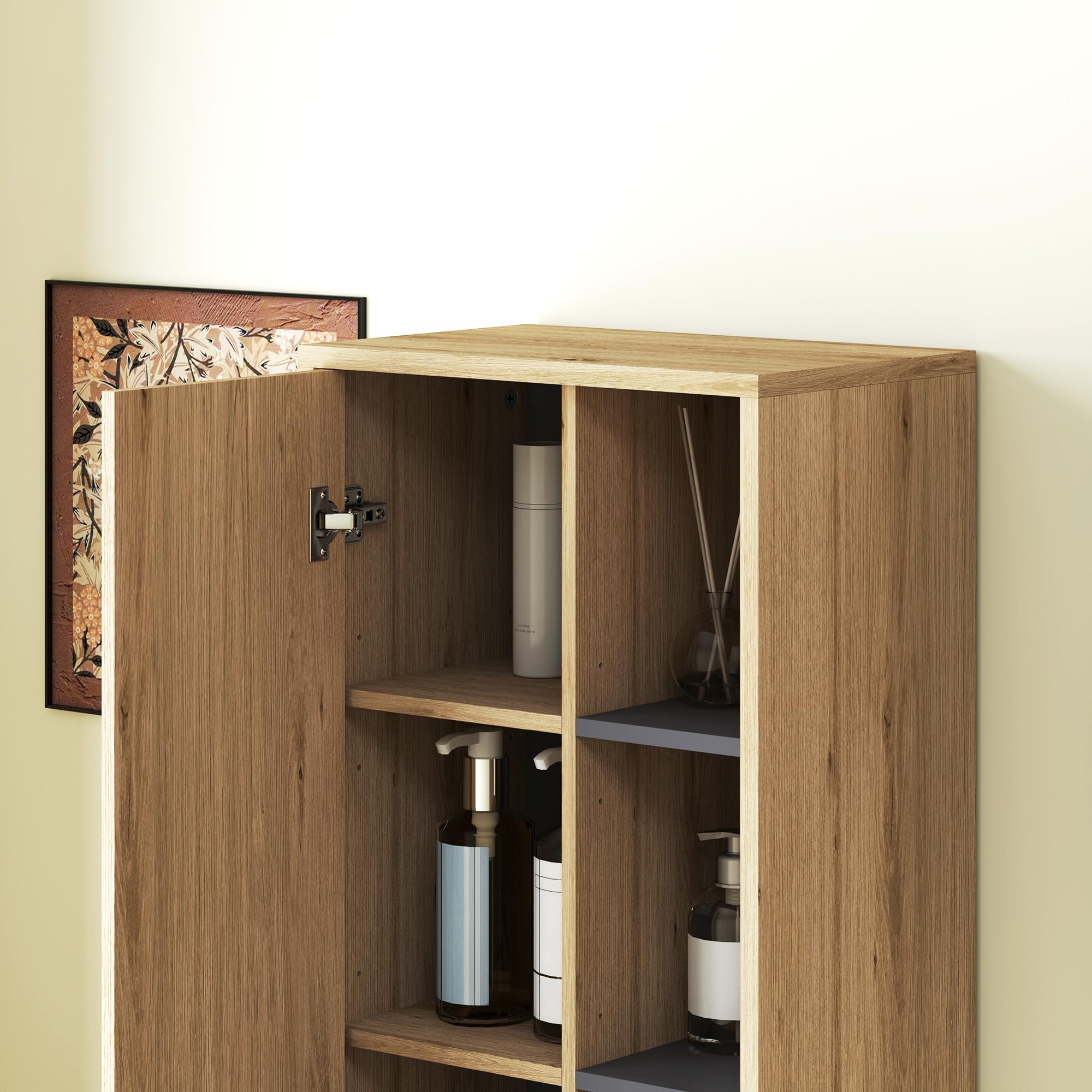 HOMCOM Columna de Baño de Pared Armario de Baño con Compartimentos Abiertos y 2 Puertas Mueble de Baño Moderno 40x24x141,5 cm Natural