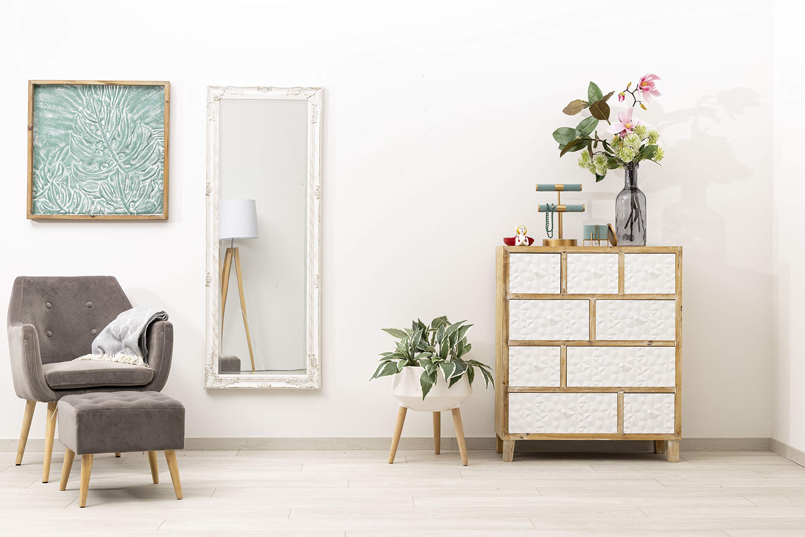 Baroni Home Specchio in Legno Bianco con Cornice Shabby, Specchiera da Parete Rettangolare per camera da letto, bagno o soggiorno, Specchio Shabby Bianco Anticato, 55x142 cm