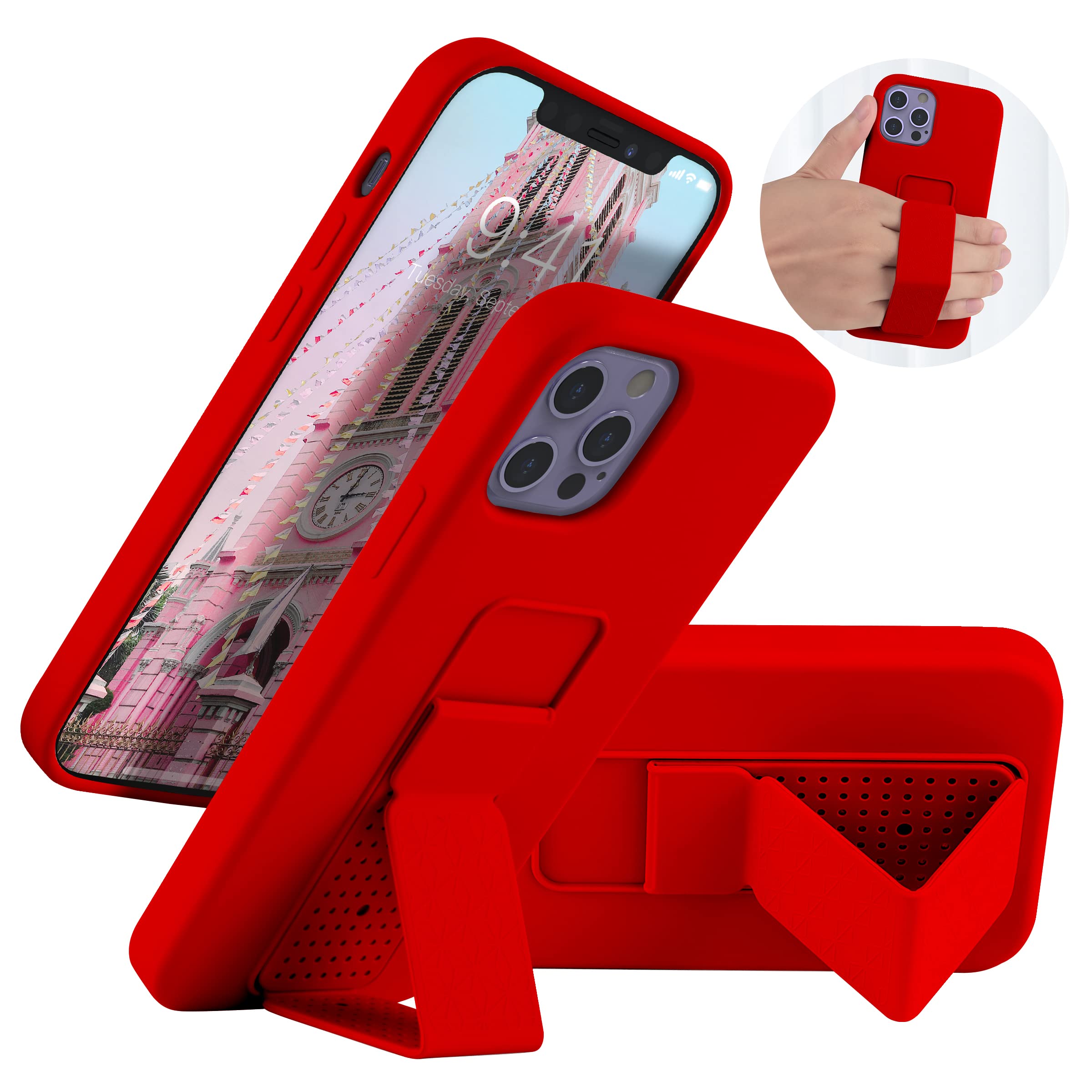 LT LAUDTEC Silicone iPhone 12/12 Pro Case (6.1 in) with Stand, Metal Kickstand, Red