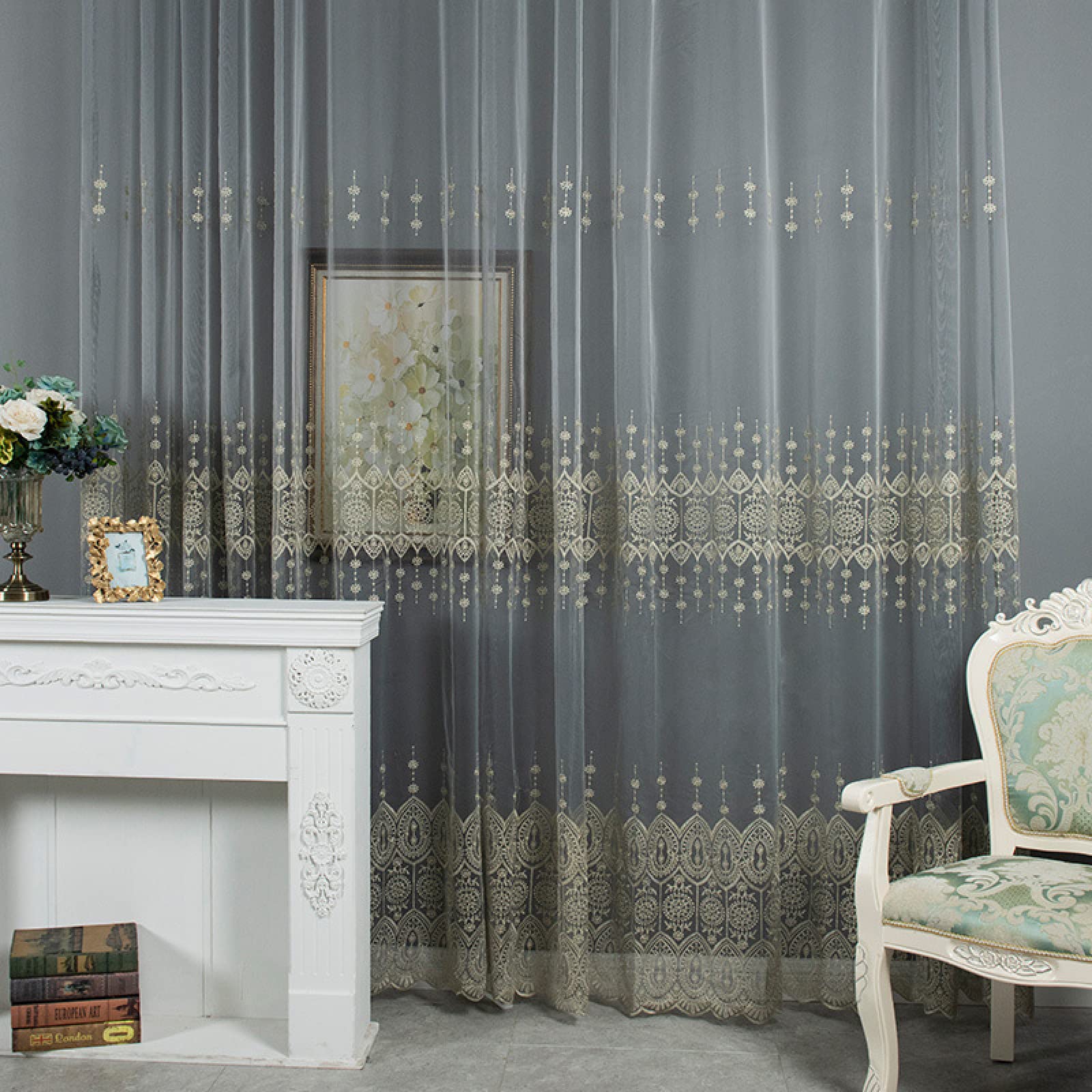 2pcs Mode Rideau en Tulle Panneau Rideau Transparent Oeillets Draperies Souple Moderne pour Décoration de Maison Salon Cuisine Chambre - Motifs géométriques(L140 x H183cm)
