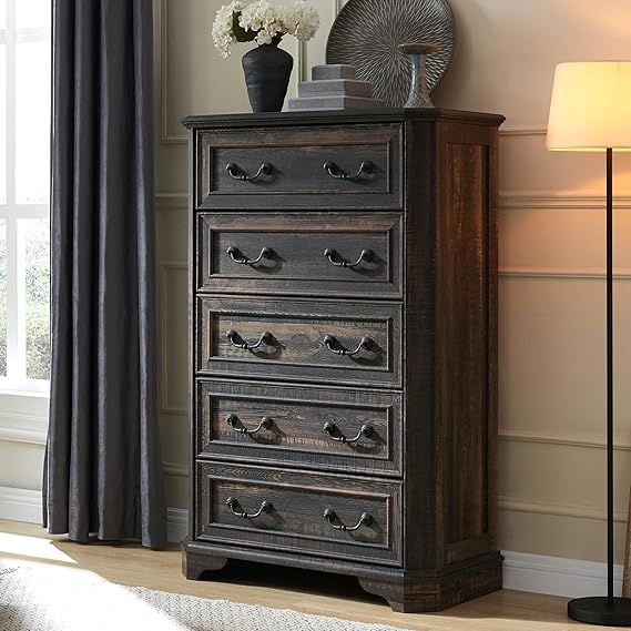 T4TREAM Farmhouse 5 Drawers Dresser for Bedroom, 48" Tall Wood Rustic Chest of Drawers with Natural Texture, Vintage Design, Storage Dressers Organizer for Bedroom, Living Room, Dark Rustic Oak