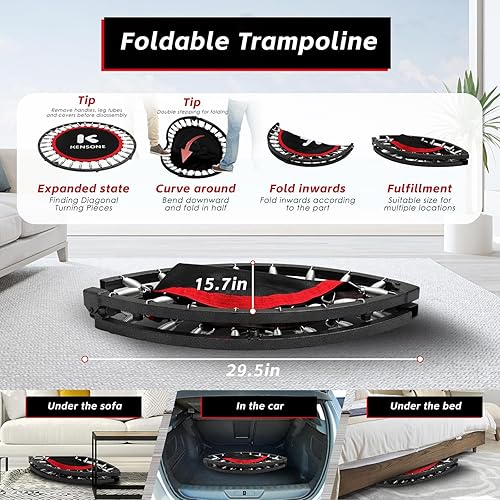 Miniatura 5 de KENSONE Trampolín Mini Plegable de 40"/48", Trampolín Interior para Niños y Adultos, Entrenamiento Interior/Jardín, Reboteador de Fitness con Mango