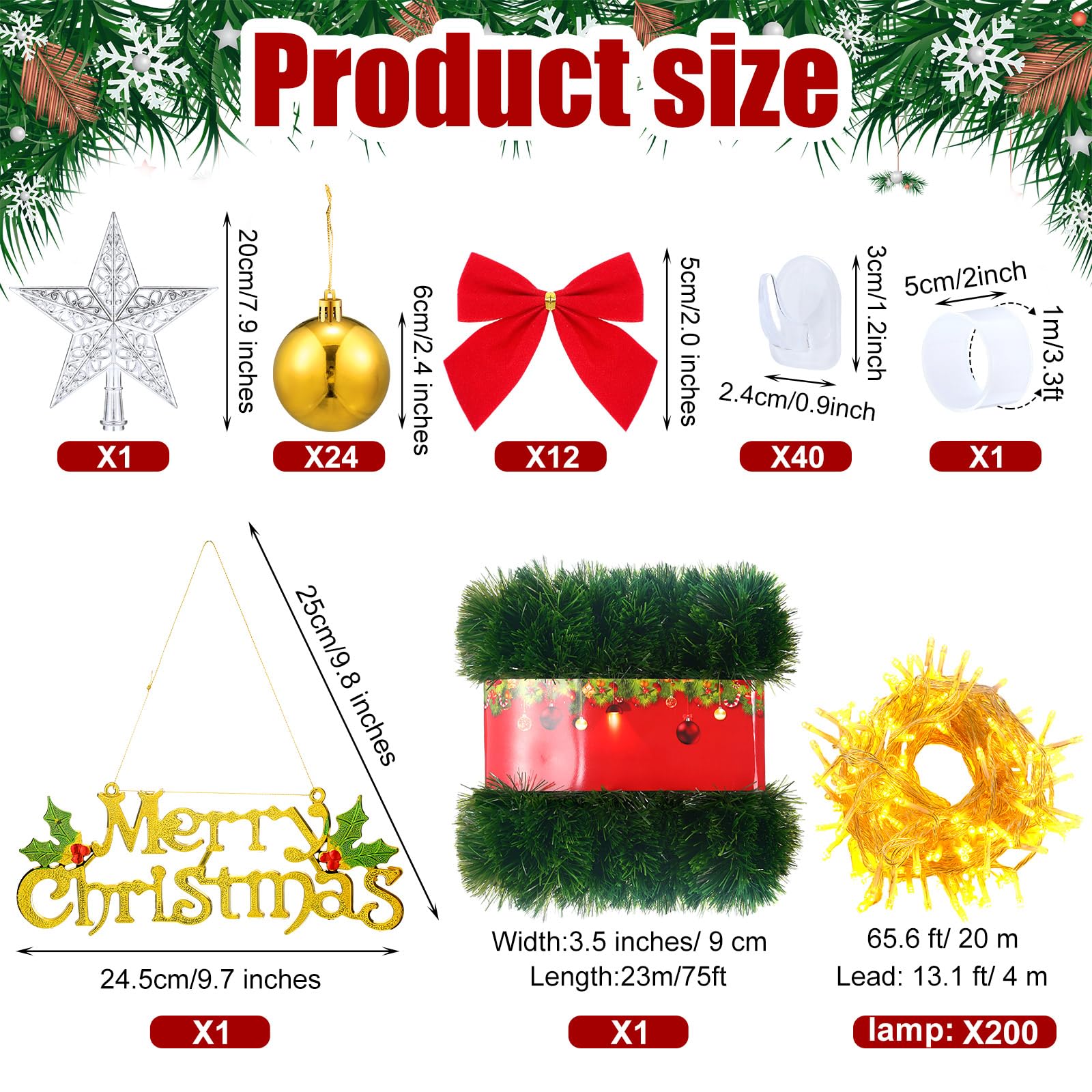 Hungdao Lot de 93 sapins de Noël lumineux pré-décorés avec décorations murales à suspendre - 22,9 m