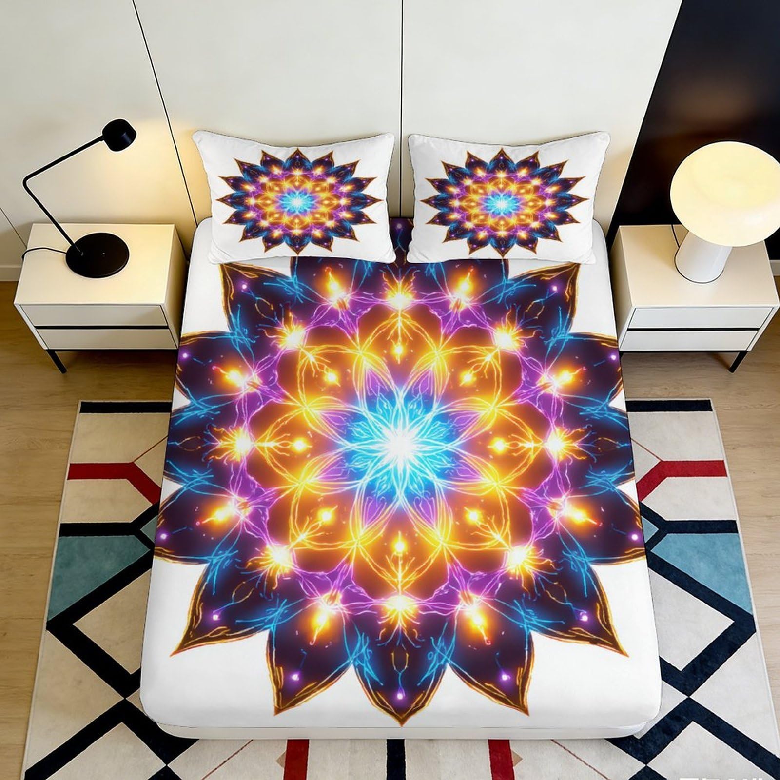 3D Printed Mandala Floral Fitted Sheet Microfiber Soft Multicolor Sunburst Mattress Cover for Bedroom Guest Room Decor 90x200x25cm