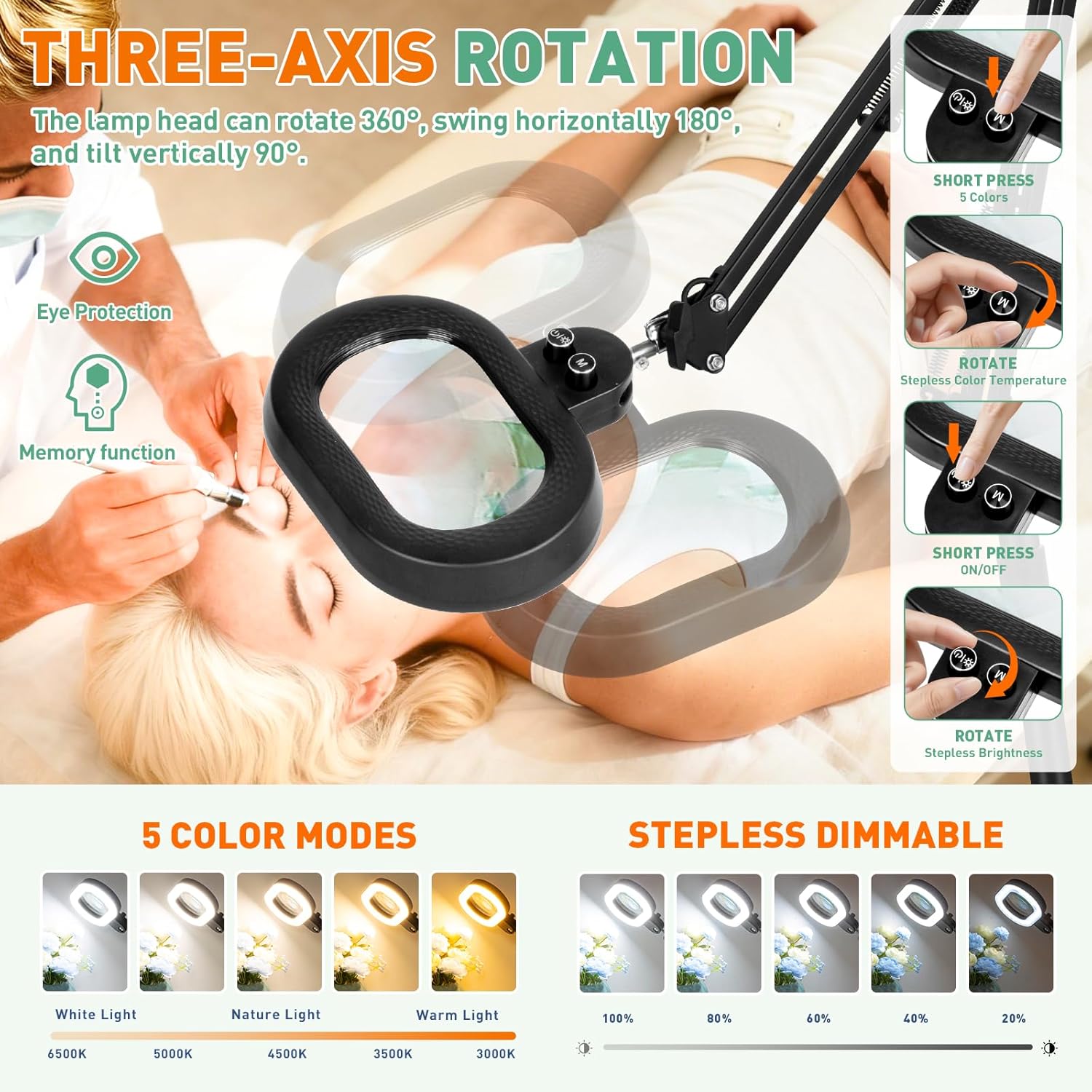 2 in 1 Floor Magnifying Glass with Light and Stand, Three-axis Rotation Infinite Color Dimmable 12X Large Lighted Magnifier Workbench lamp for Close Work, Craft, Esthetician 4 Wheel Stable Base