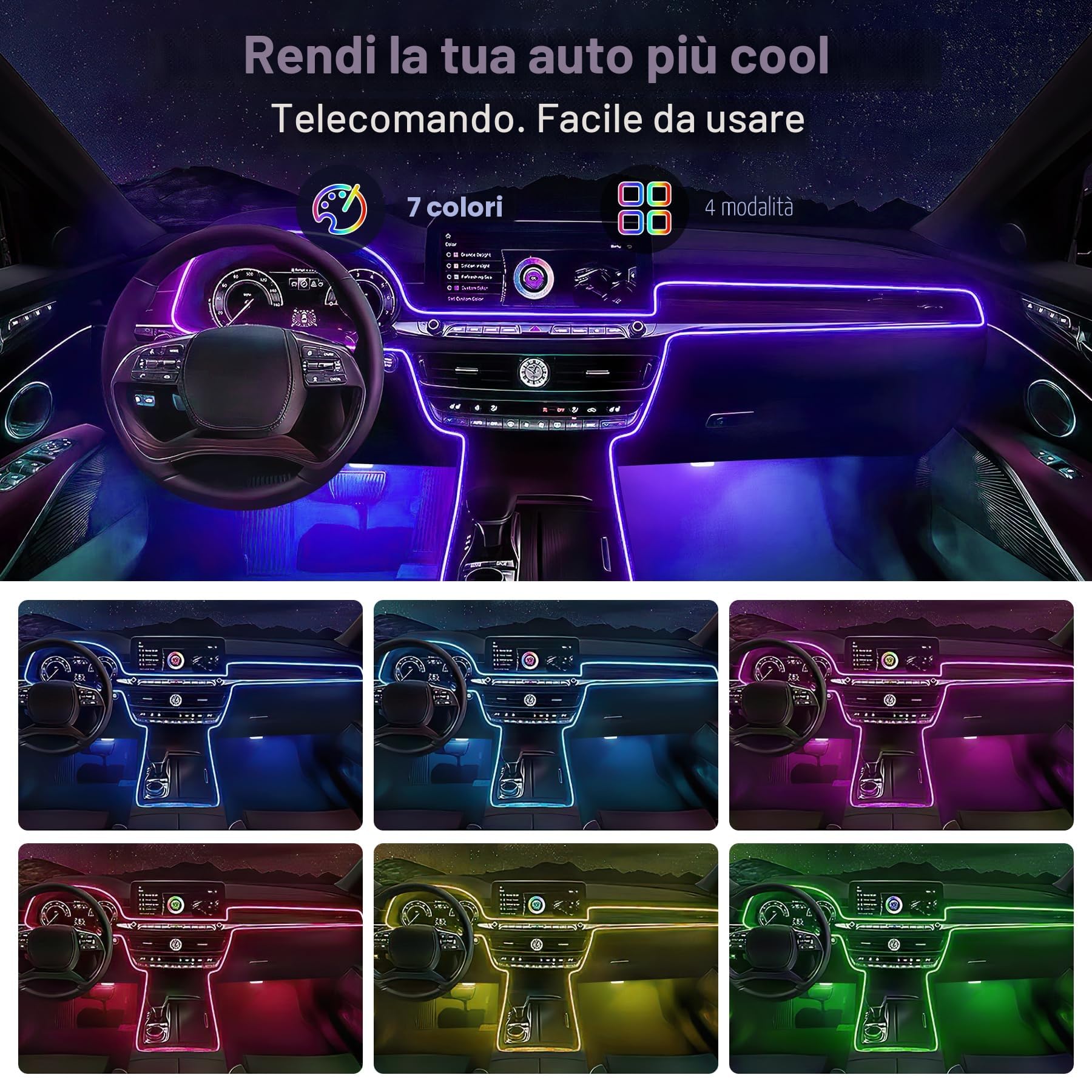 Illuminazione LED per interni auto, 5-12 V, 4 pezzi, RGB, striscia da 4 m, controllo tramite app o tasti, luce neon da ambiente, con USB, funzione a ritmo di musica