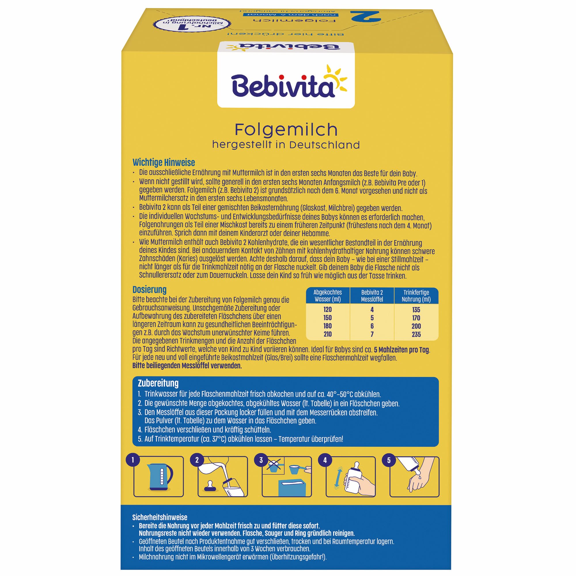 Bebivita 2 Folgemilch (4 x 500g), nach dem 6. Monat, mit Vitamin C und D, Omega-3 (DHA), altersgerecht sättigend