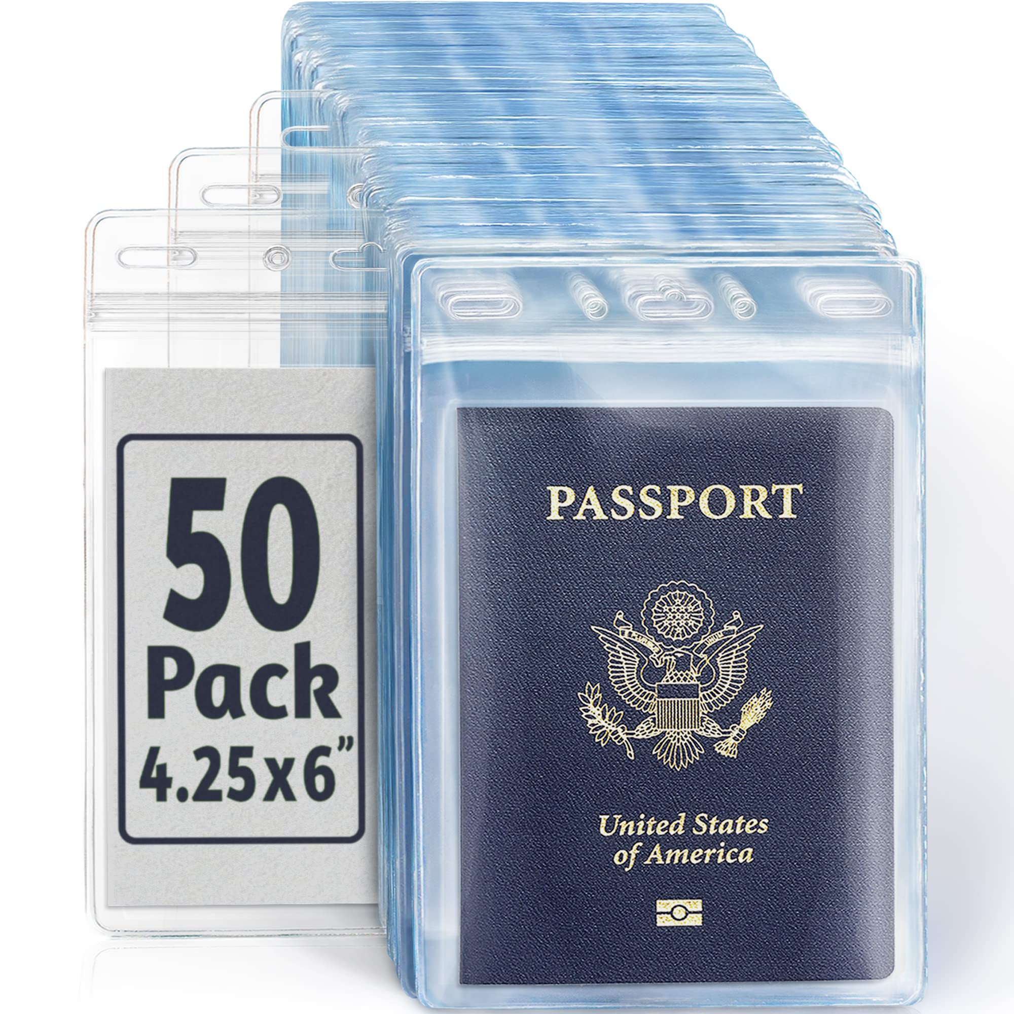 EcoEarth 4x6 Inch Passport & Card Holders with Soft Edge (Clear, 50 PK) - Extra Large (XXL) Vertical ID Holder - Resealable and Waterproof