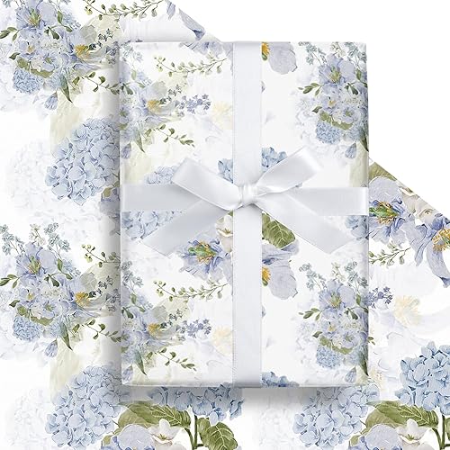 Miniatura 8 de LeZakaa - Rollo de papel de regalo floral, flores de hortensia azul para regalos de fiesta para boda, despedida de soltera, baby shower,