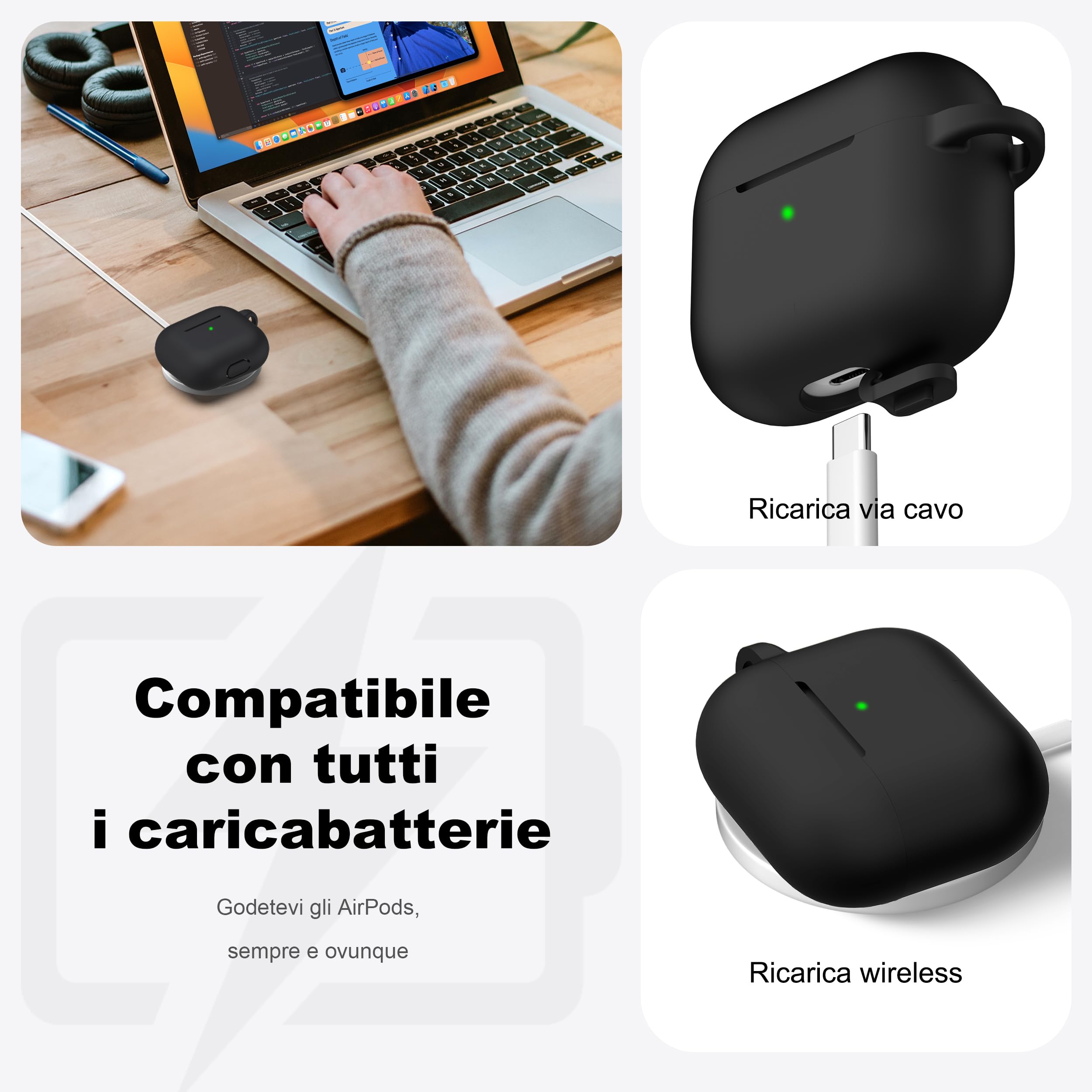 R-fun compatibile con AirPods 3a generazione 2021, per AirPods 3 Custodia Cover con kit di pulizia e portachiavi, morbida custodia protettiva in silicone, Nero - 4