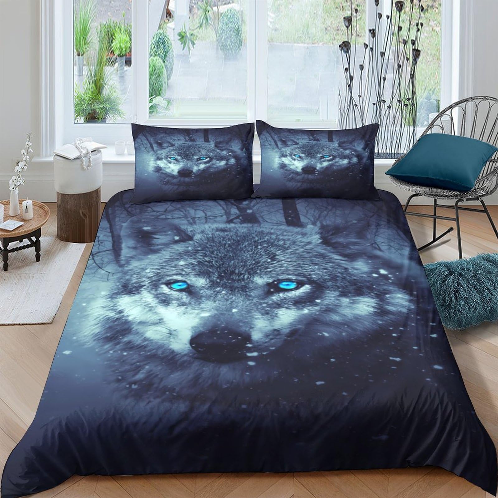 Ctjqhvkz Style-8 3D Printed Blue Wolf Fitted Sheet Microfiber Soft Breathable Moonlight Forest Mattress Cover Bedroom Decor Single（135X200cm）