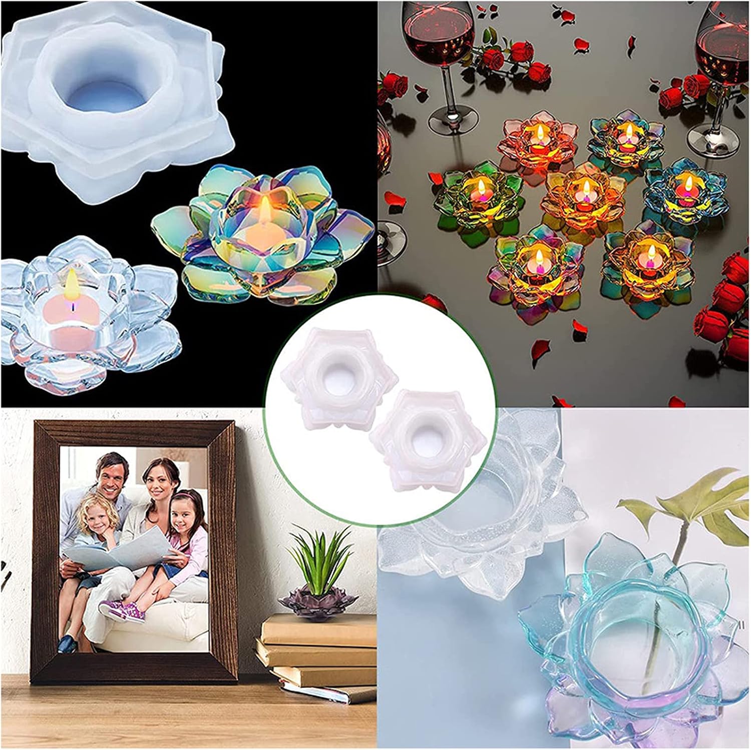 Lotus Lamp 4 Piece Resin Candle Holder Set, Epoxy Resin Pouring Mould for DIY Jewelry Box Candy Box Home Table Decoration (#2) - Image 5
