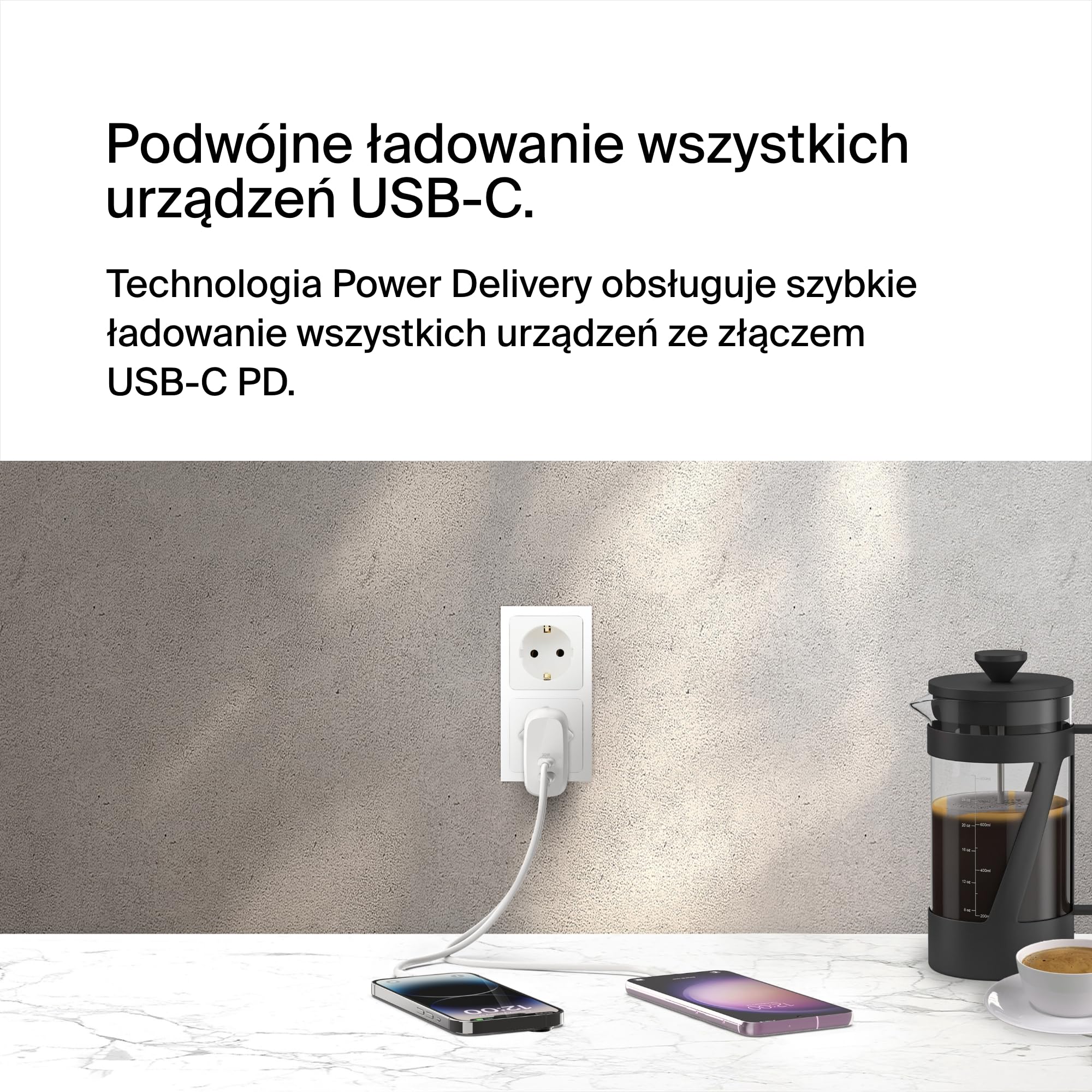 Podwójna ładowarka BelkinBoostChargeUSB-C z PPS 60 W do urządzeń Apple, Samsung i Google – zgodna z kablami Lightning oraz USB-C – kolor biały, WCB010VFWH