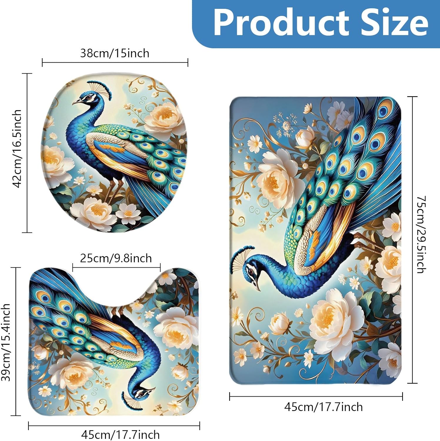 peacoblue Peacock with Flowers Bath Mats for Bathroom Rugs Sets 3Pcs with Toilet Lid Cover, Non Slip Bath Rug and Contour Mats Sets, Washable Toilet Carpet for Bedroom Kitchen Tub Home Decor