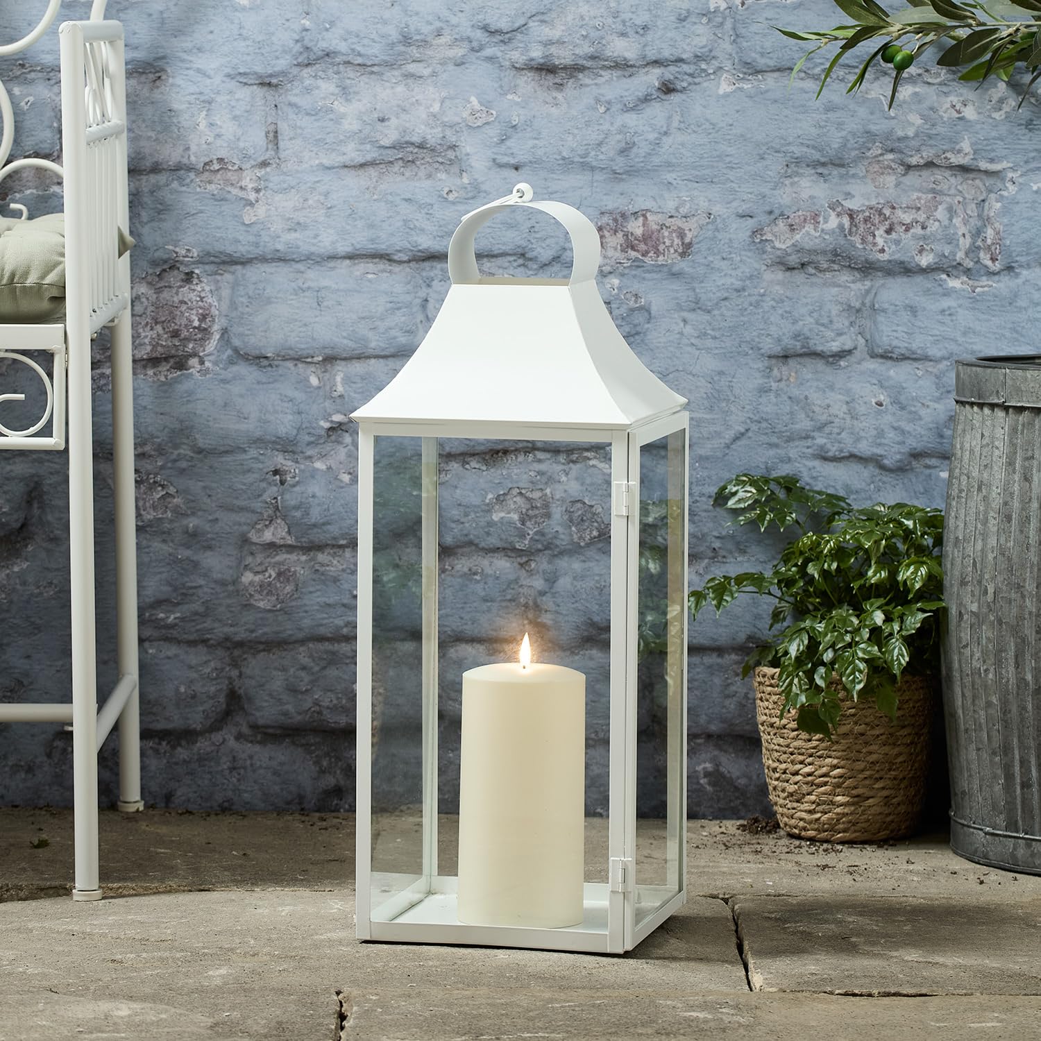 Lights4fun White 59Cm Outdoor Metal Albury Truglow® Candle Decorative Garden Lantern Battery Operated With Timer Ip44 Rated
