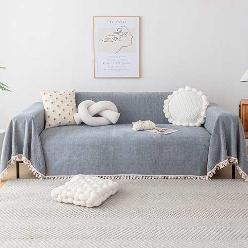 Miniatura 22 de Funda de Sofá Boho Lavable de Chenilla con Borlas para Sofá de 3 Cojines, Fundas para Sofás Seccionales Manta Protectora de Muebles para Perros Gris