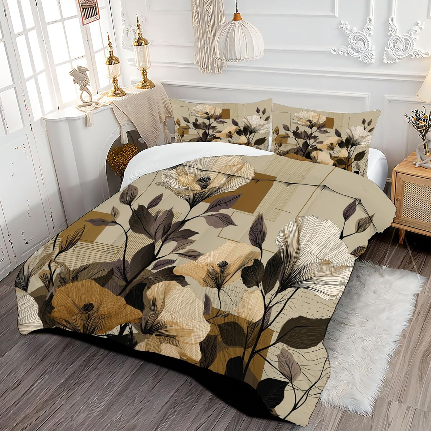 3D Abstract Flowers Comforter Set Twin Size Bedding Set Line Geometry All Season Down Comforter Printed Quilted with 2 Pillow Shams for Kids, Teens, Adults 68 x 86in Light Brown