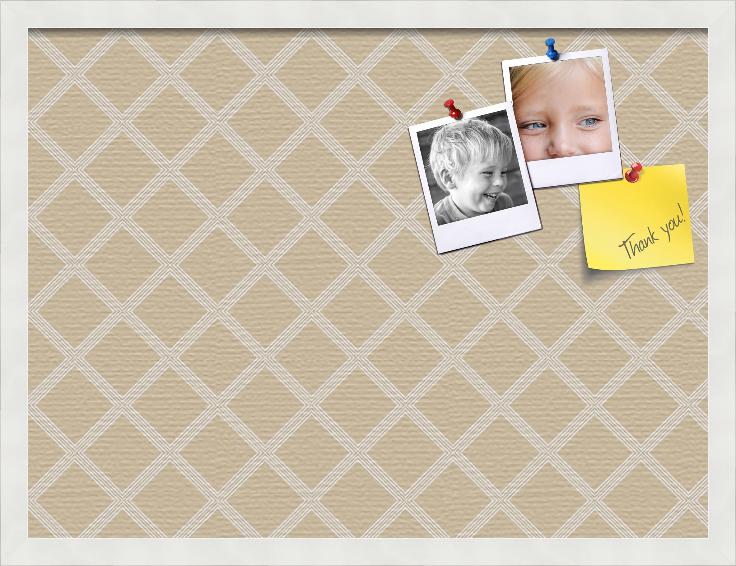 PinPix pin Cork Bulletin Board Made from Canvas, Diamond Modern Pattern Beige 24x18 Inches (Completed Size) and Framed in Satin White Frame (