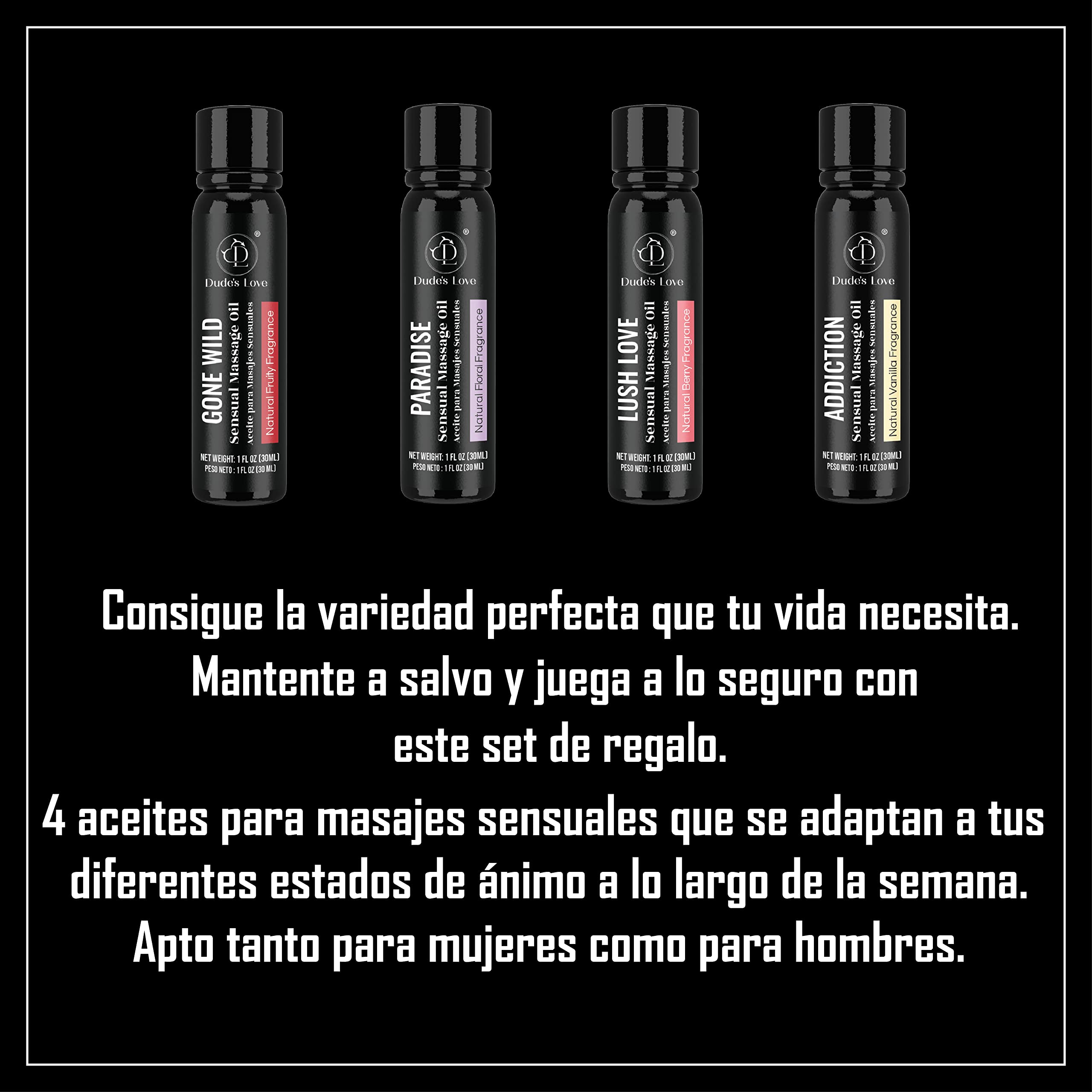 Dude's Love - Paquete de 4 aceites de masaje sensual aromático comestible para todo el cuerpo - Set de regalo combinado | Pack de Prueba Aceite de Masaje con Aceites Esenciales - 120 ML
