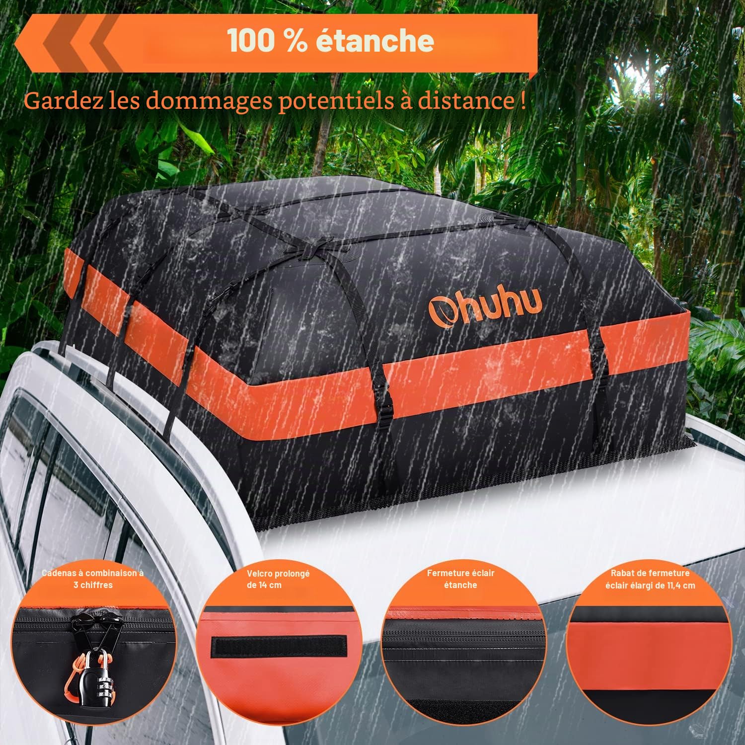 Ohuhu Coffre de Toit 21 Pieds Cubes – Sac de Toit Étanche pour Voiture avec Tapis Anti-Dérapant, Porte-Bagages Souple 840D pour Tous Véhicules avec/sans Barres de Toit