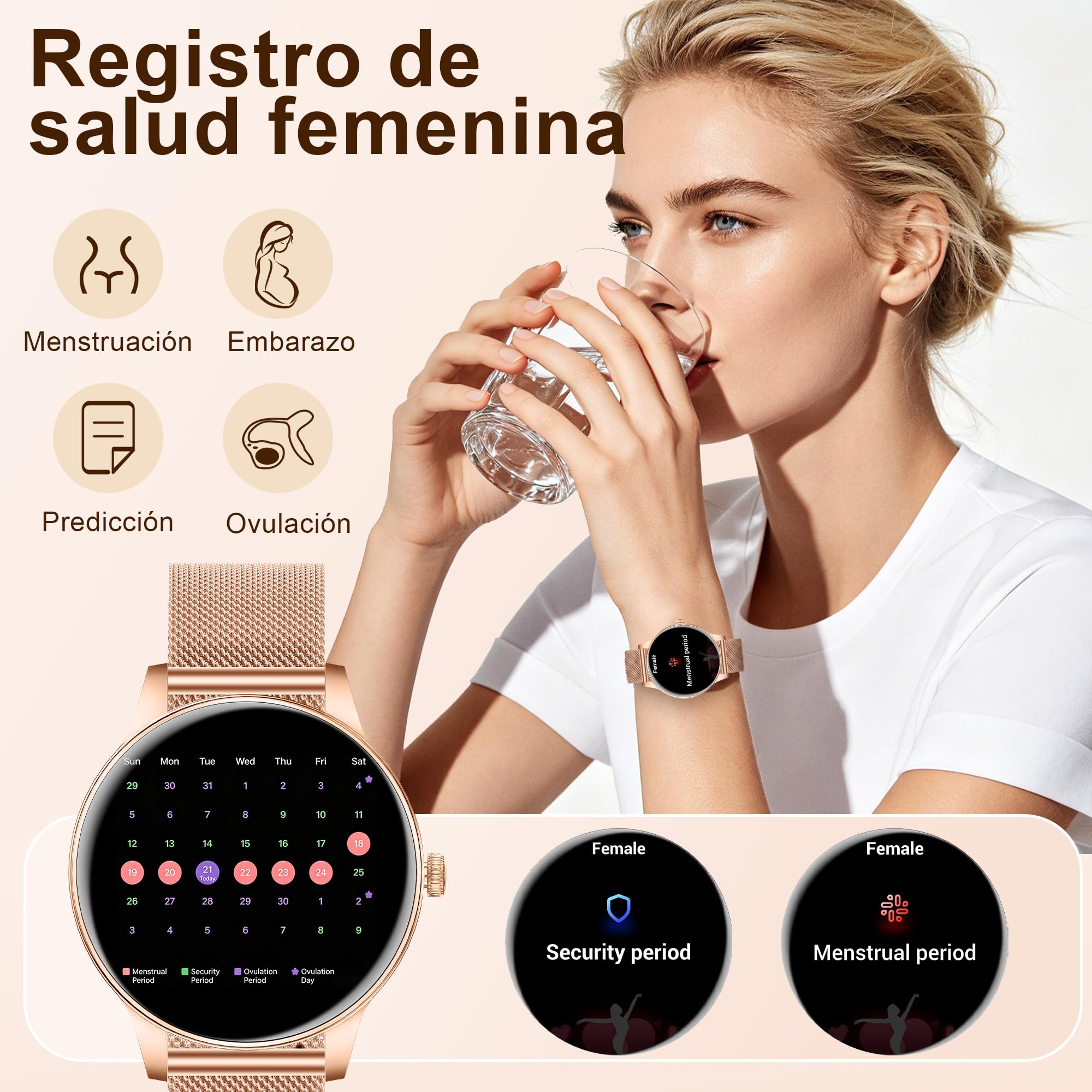 Reloj Inteligente Mujer con Llamadas Bluetooth, 1.27" HD Redonda | Reloj Salud para Android iOS, Monitor Sueño, Podómetro, Pulsómetro, 110+ Deportes, IP68 Impermeable,Oro Rosa