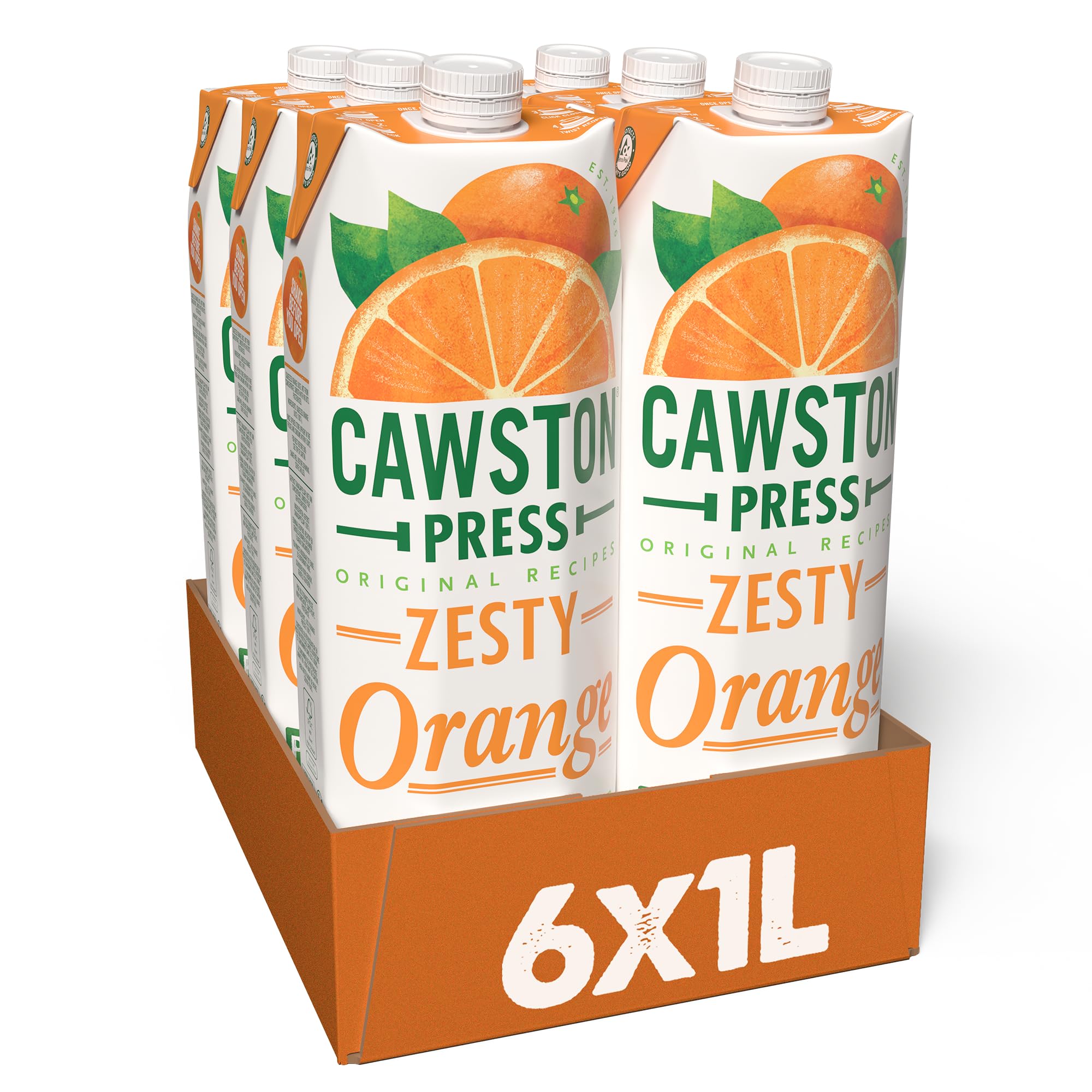 Cawston Press, 100% Squeezed Juice Cartons All Natural, Vegan, No Added Sugar Hand Picked Oranges, 1 L (Pack of 6)