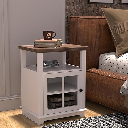 Miniatura 6 de Mesa auxiliar con estación de carga, mesa auxiliar con almacenamiento, mesita de noche blanca con estante ajustable, mesa auxiliar de carga