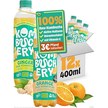 KOMBUCHERY Mix Raw Kombucha Organic 12 x 400 ml Fermented Tea with Active Gut Cultures Low Sugar & Low Calorie Unpasteurised PrioBiotic Vegan & Test Winner Includes 3  Deposit